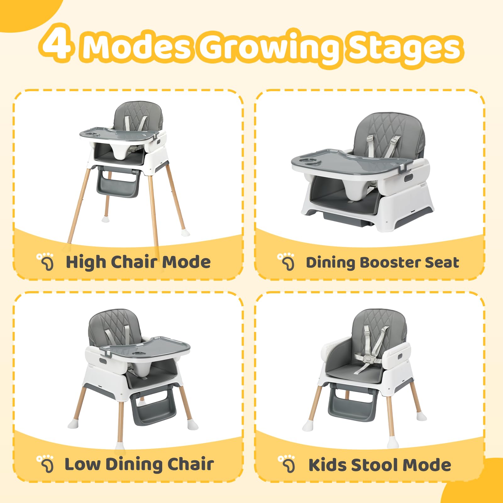 5-in-1 Convertible Baby High Chair with Detachable Tray and Foldable Design