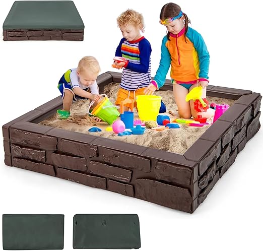 12.5" Kids Sandbox with Cover, 48 x 48 Inch Large HDPE Pit for Backyard
