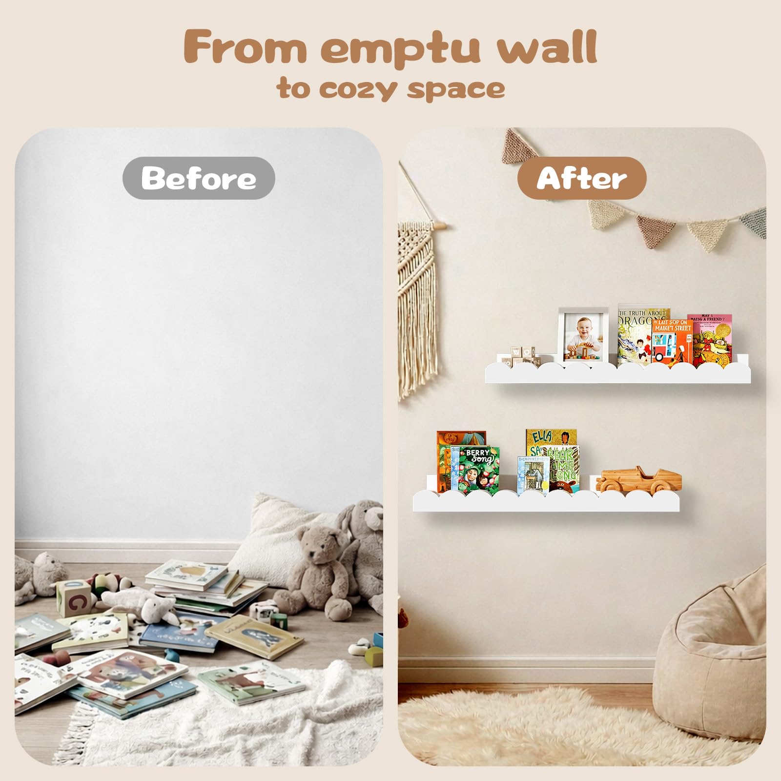 White Floating Shelves for Kids Room - 4 Pack