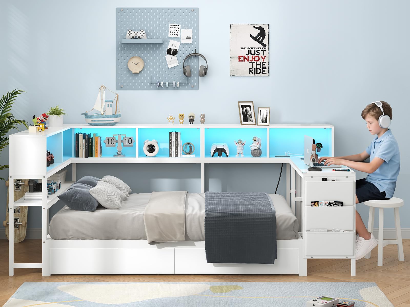 Twin Corner Bed with Desk and Storage Bookcase