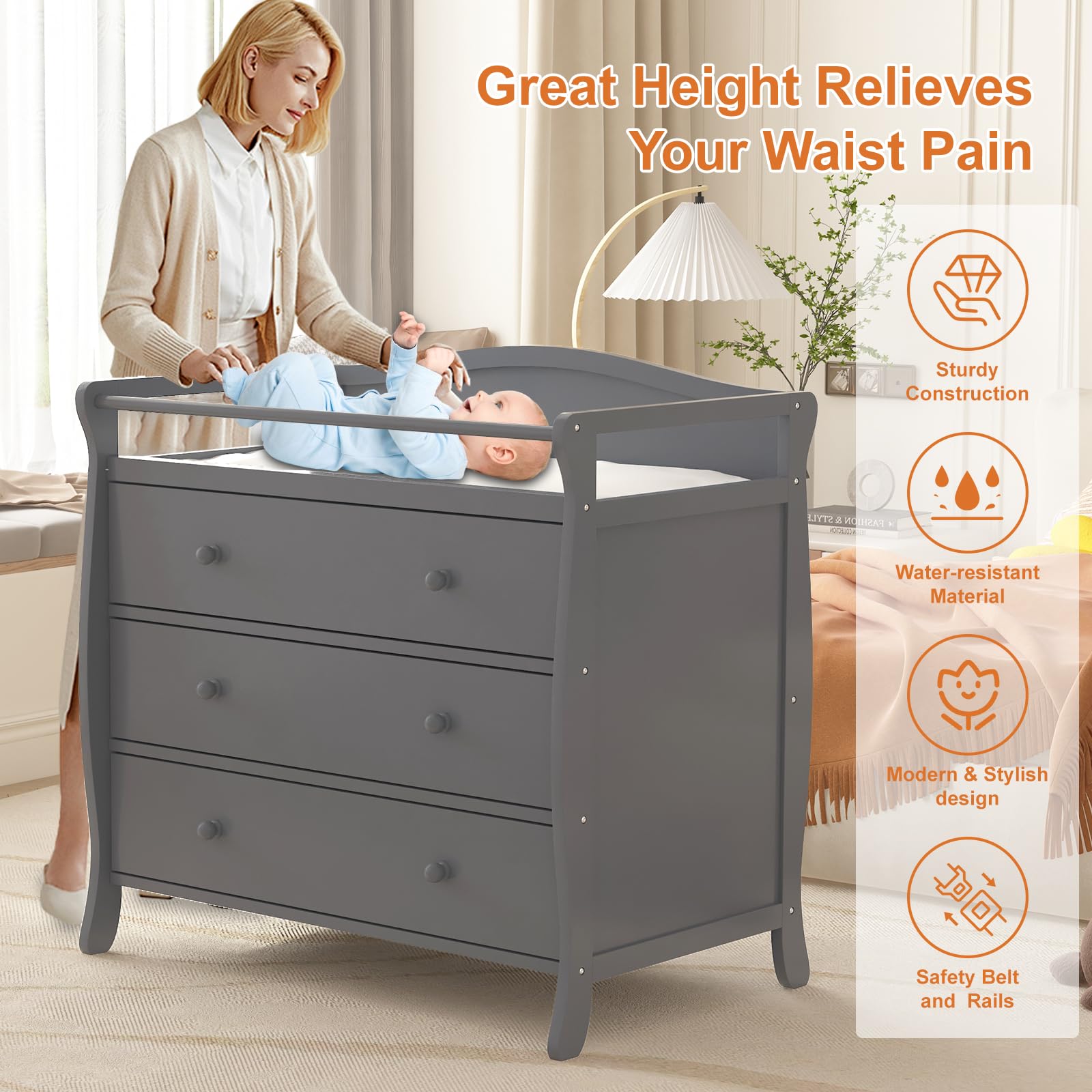 Wooden Baby Changing Table with 3 Drawers