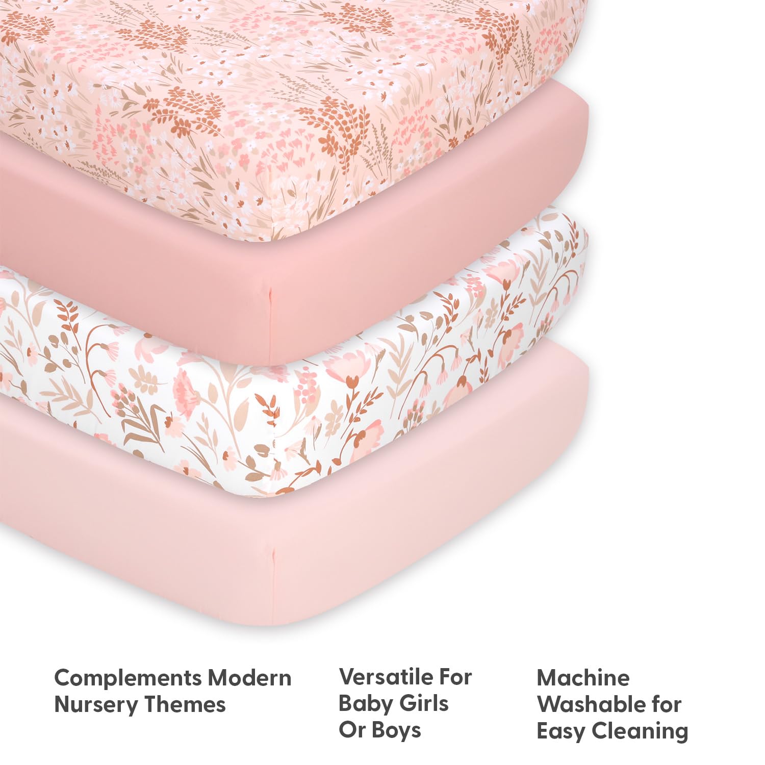 4-Pack Fitted Crib Sheets - Whimsical Floral Pink