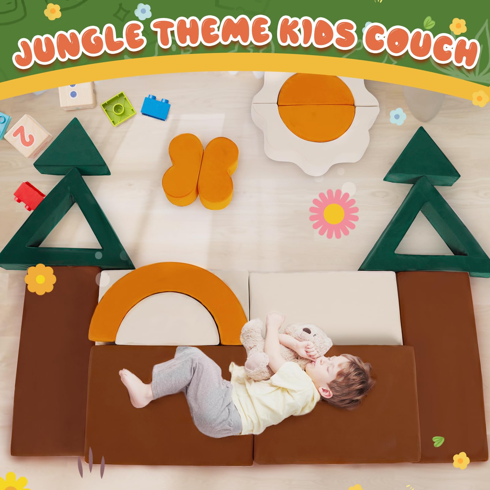18-Piece Modular Kids Play Couch Jungle Theme