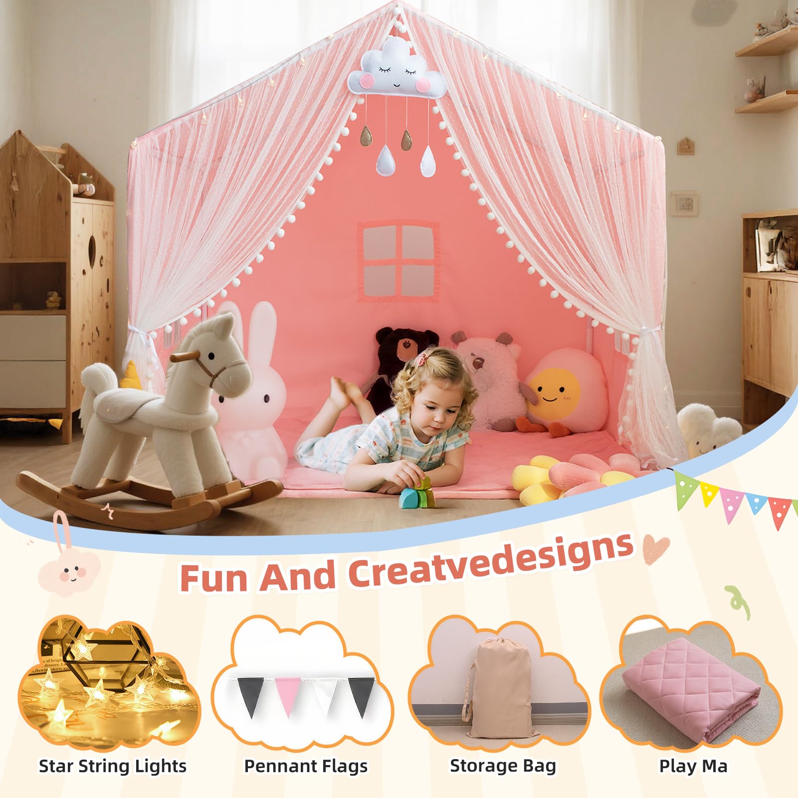 Large Kids Play Tent with Padded Mat and Star Lights