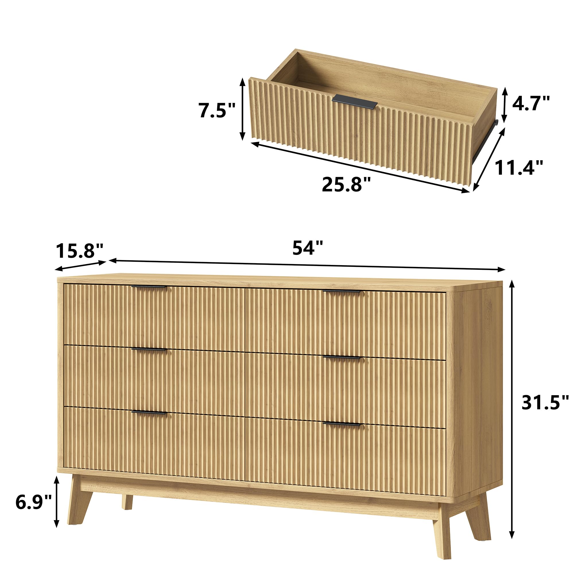 6-Drawer Fluted Dresser for Bedroom 54 Inch Wide