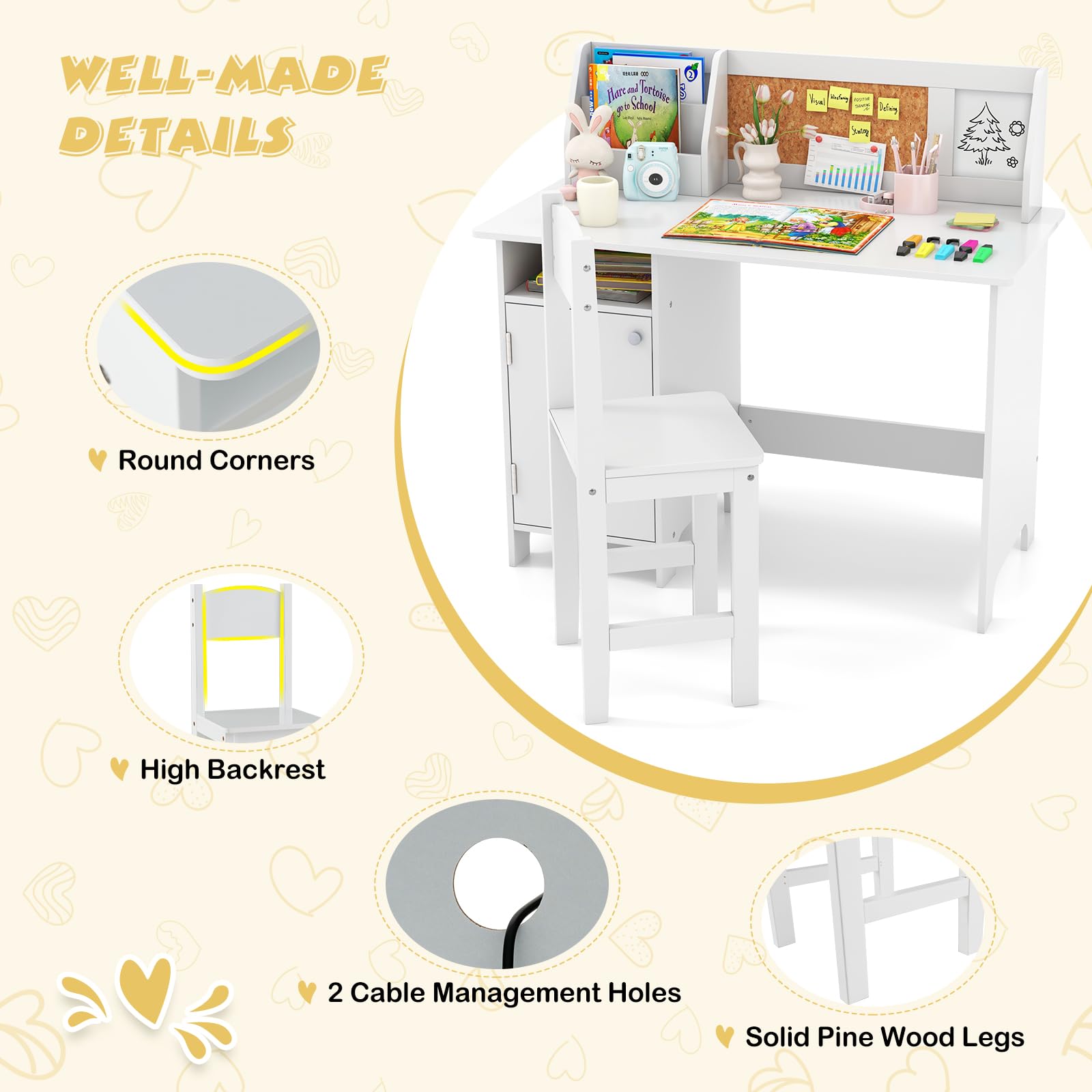 Kids Desk and Chair Set with Storage Hutch and Bulletin Board