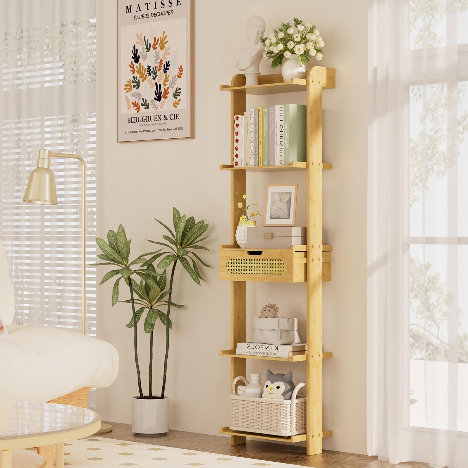 Amazer 5-Tier Ladder Shelf, Bamboo Wall Mounted Bookshelf with Drawer, Wood Ladder Bookcase Freestanding Rack Units for Bedroom, Living Room, Home