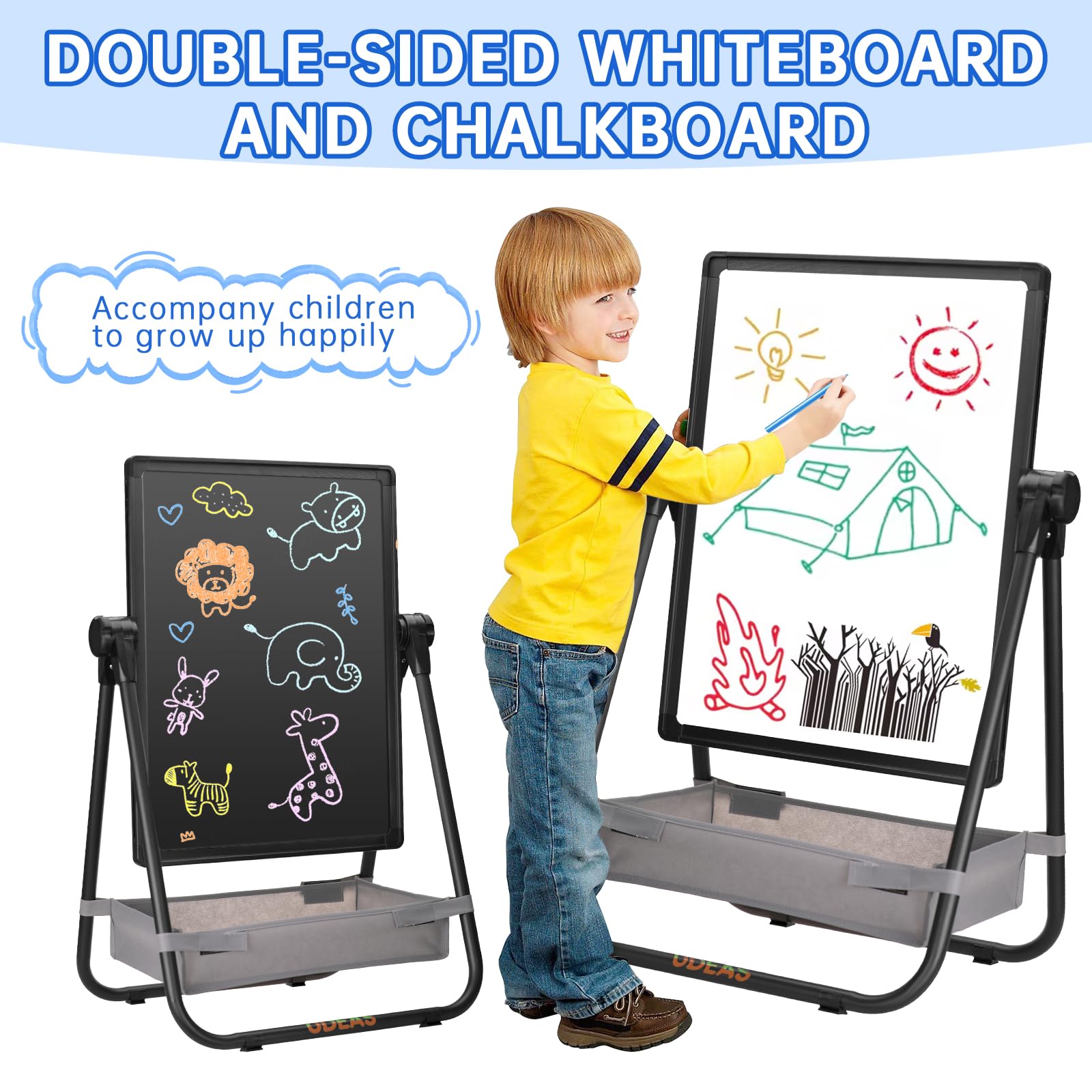 UDEAS Easel for Kids, Adjustable Standing Toddler Easel Magnetic Whiteboard & Chalkboard with 27inch-44inch Height, Double Sided 360°Rotating Kids Art Easel for Toddlers for Boys and Girls 3+
