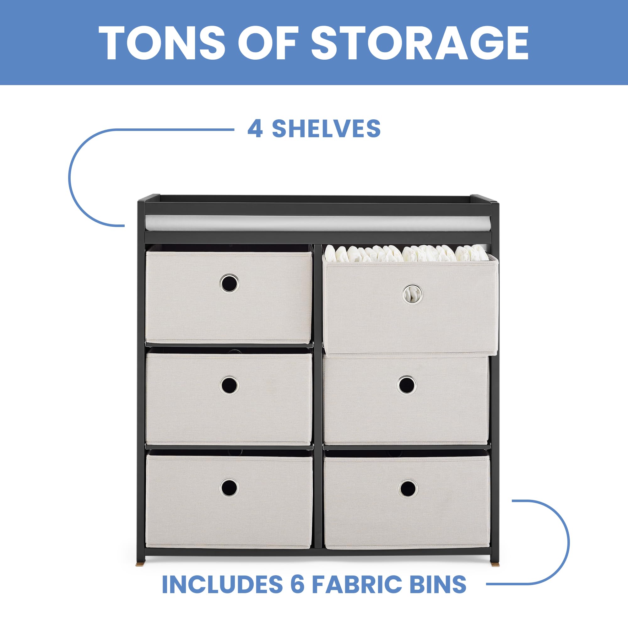 Changing Table with Fabric Storage Bins and Shelves
