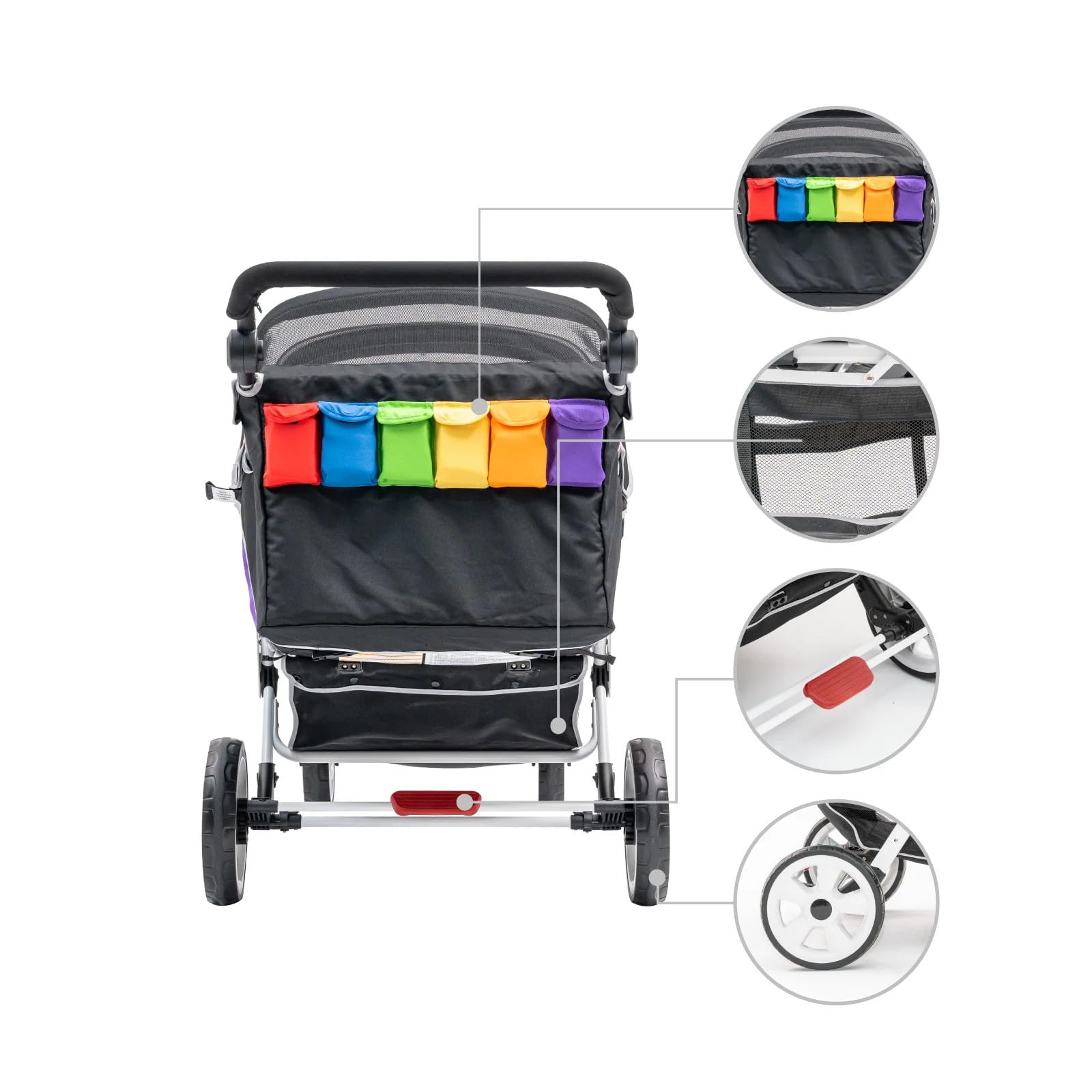 6-Seat Tandem Stroller with Double Canopy and Safety Harness