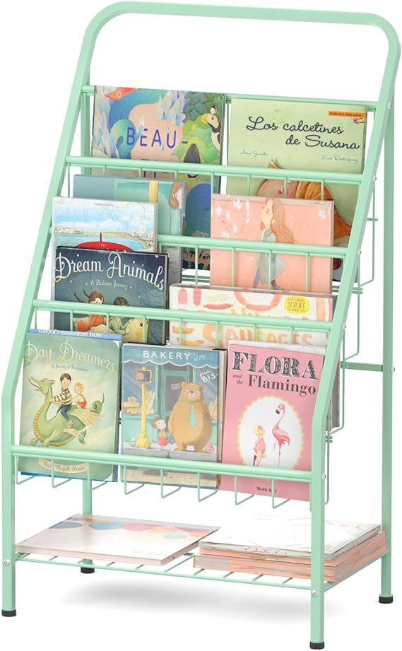 Bookshelf, 4-Tier Metal Child Bookshelves Rack with Toy Storage