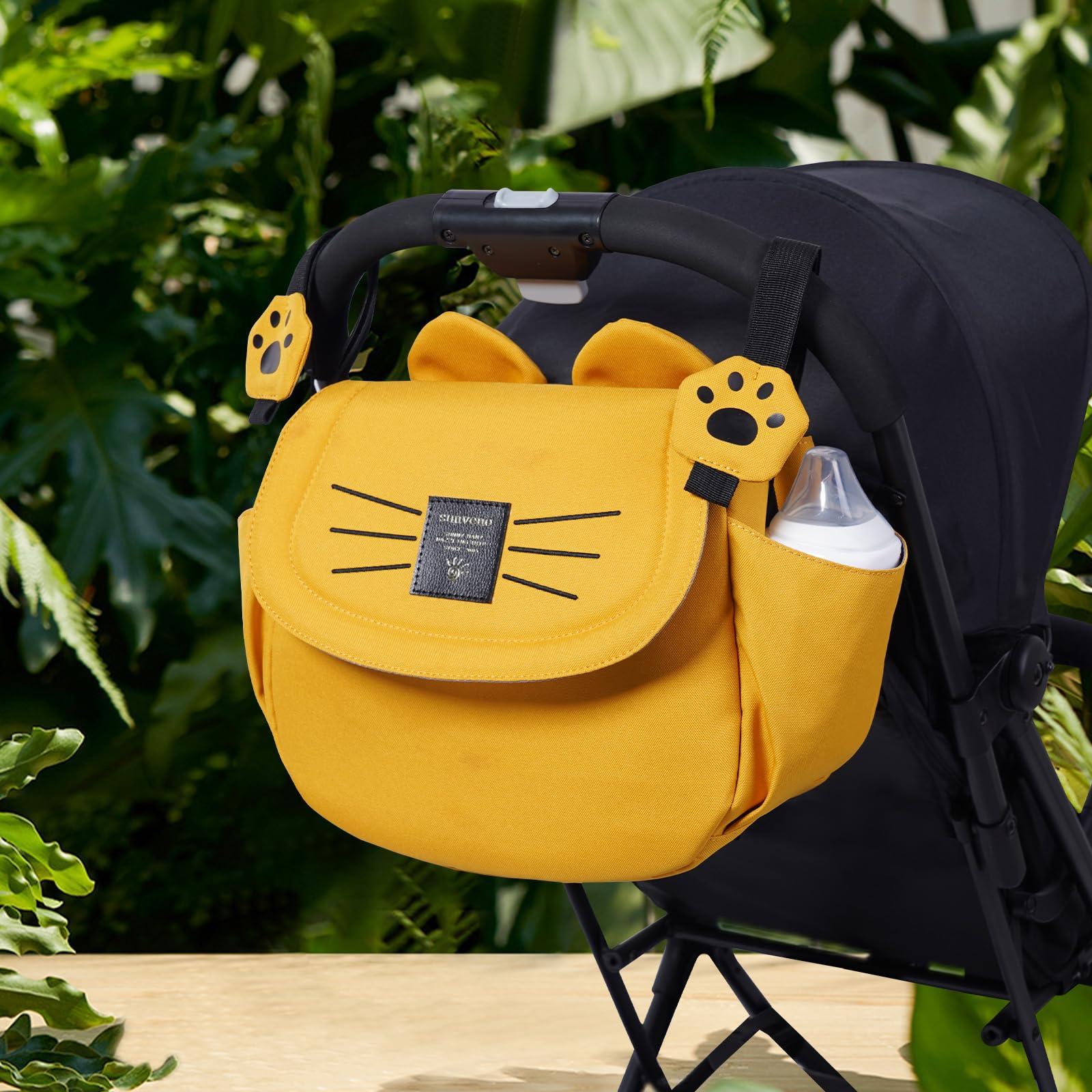 Universal Stroller Organizer with Cup Holder and Shoulder Strap, Cute Cartoon Cat Design