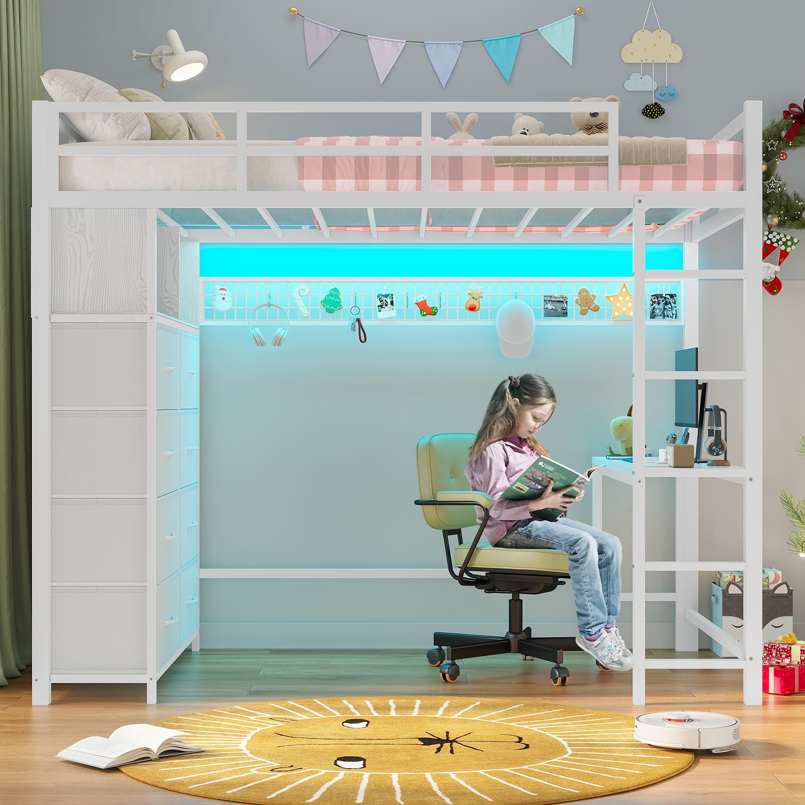 Twin Size Loft Bed with Desk and 8 Storage Drawers