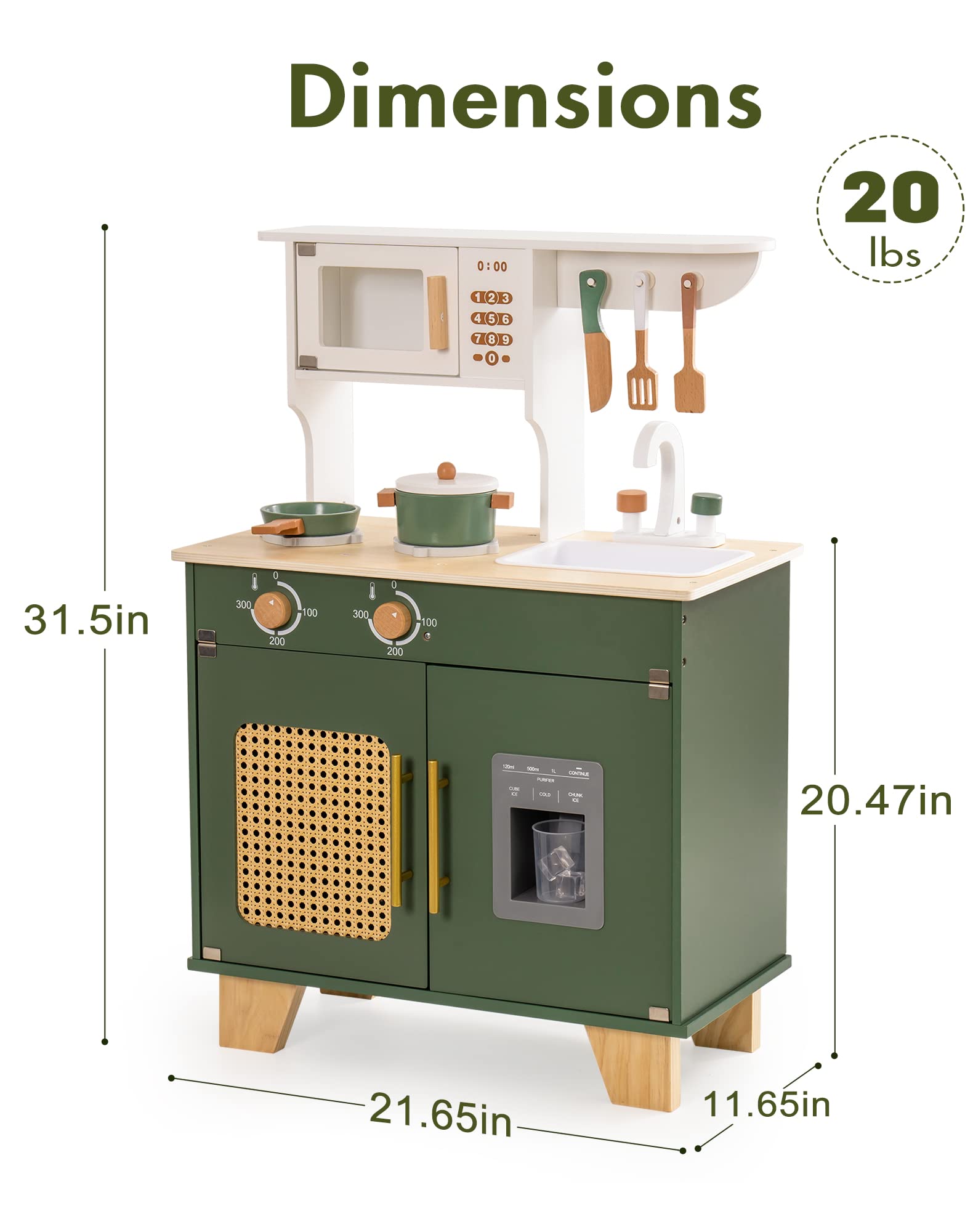 Wooden Play Kitchen Set with Ice Dispenser and Accessories