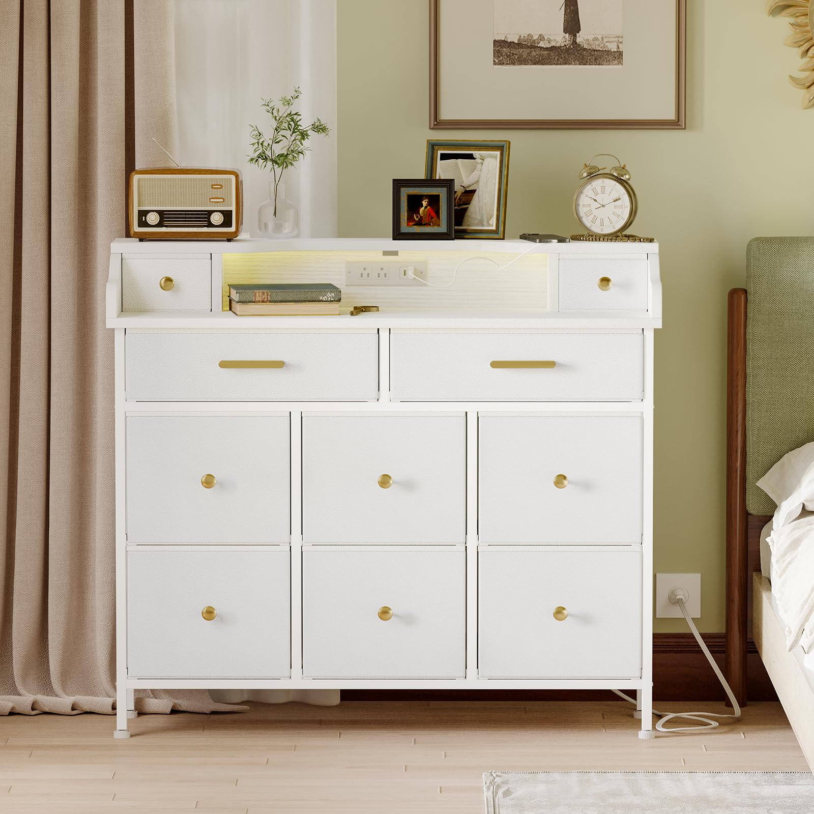 White Dresser for Bedroom with LED Lights and Charging Station