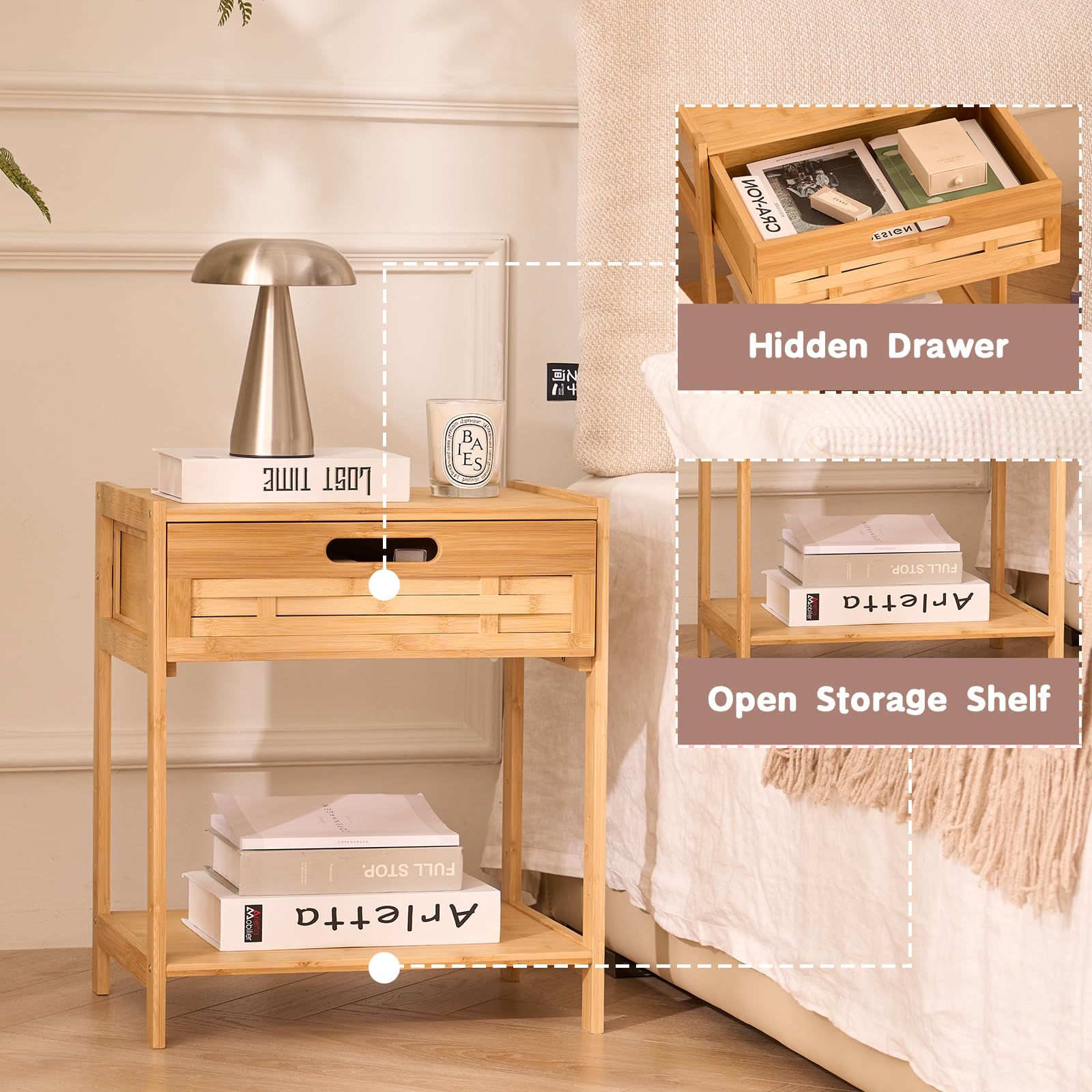 Bamboo Nightstand with Drawer and Storage Shelves