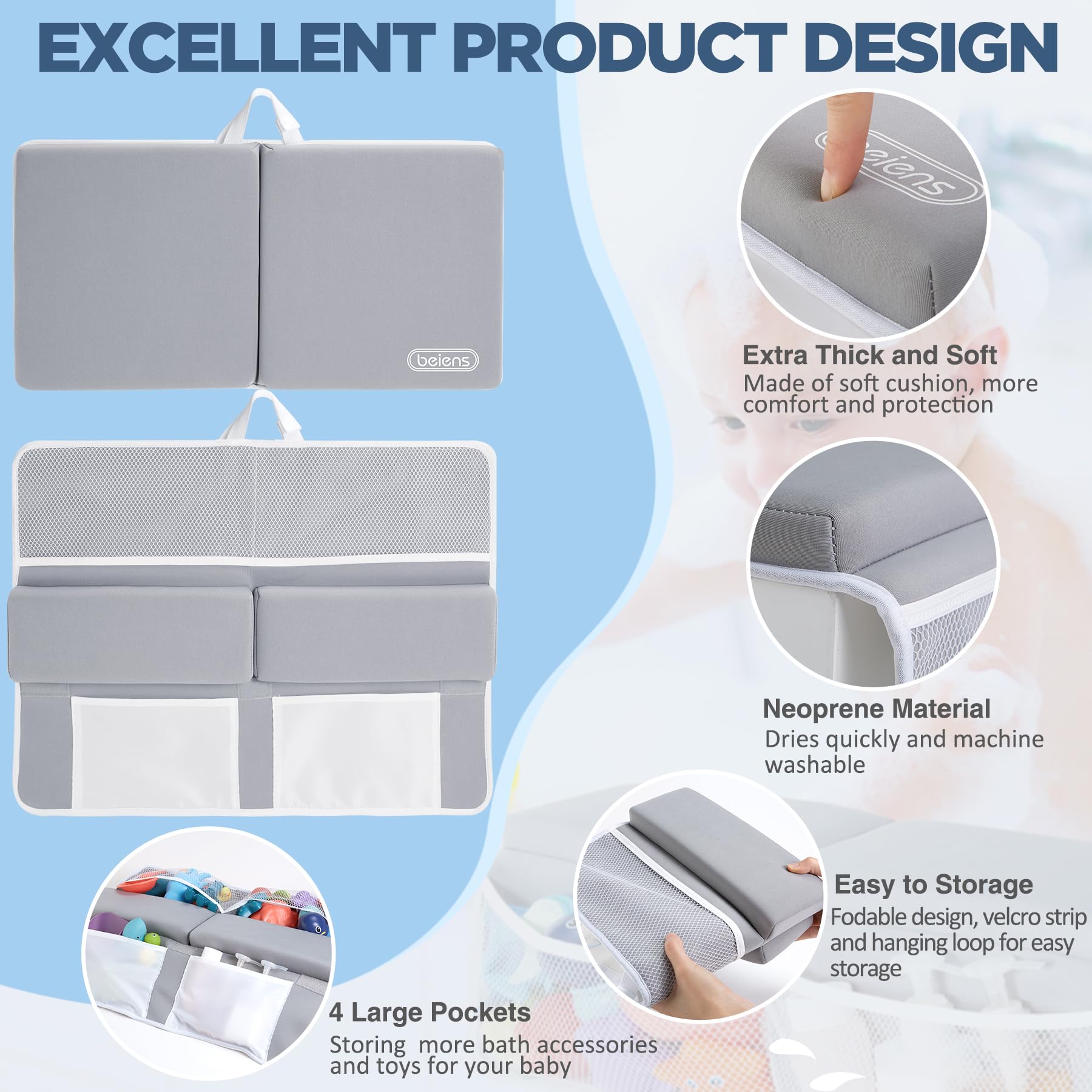 Bath Kneeler and Elbow Rest Pad Set with Storage Pockets and Non-Slip Design