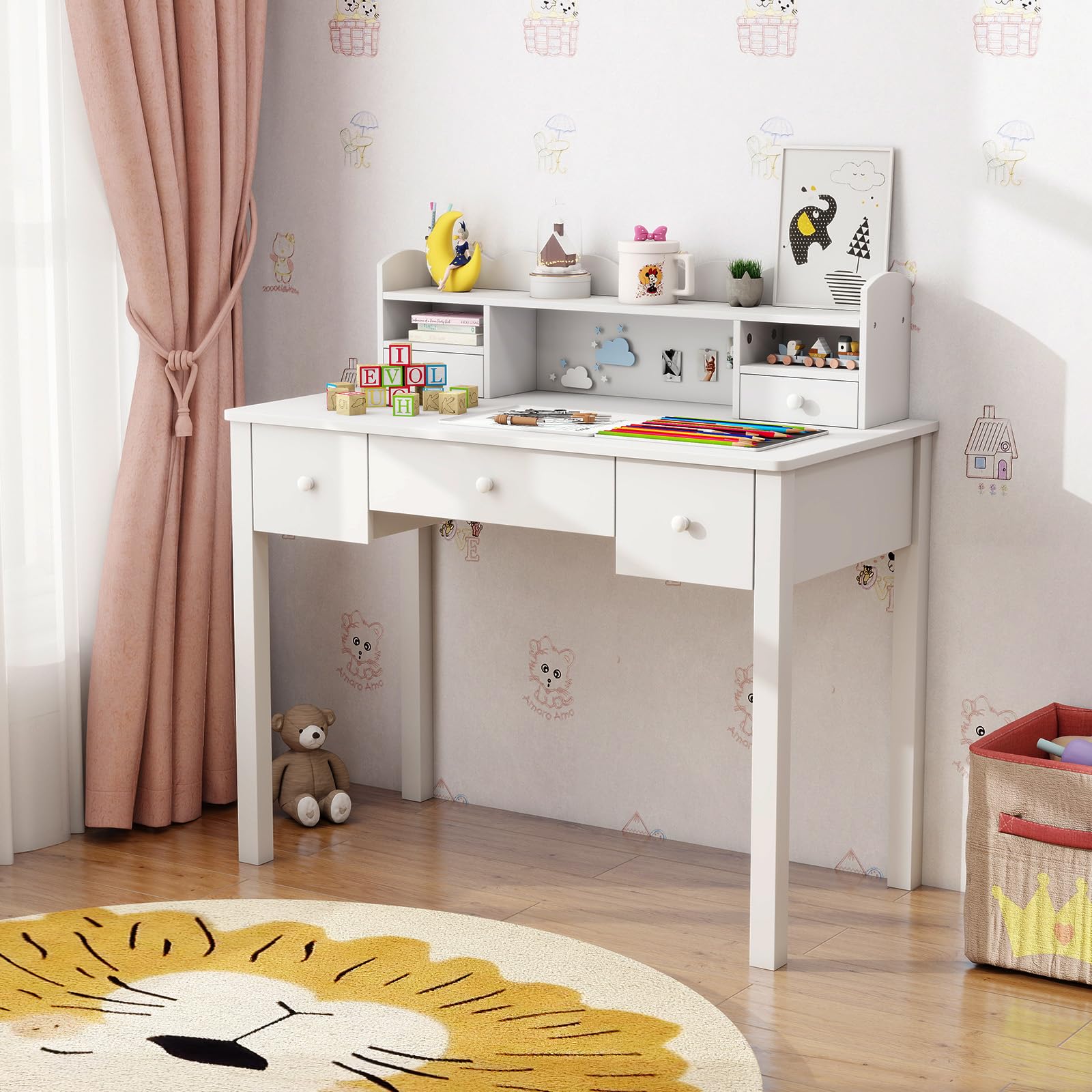 White Writing Desk with Hutch and Drawers 40 Inch