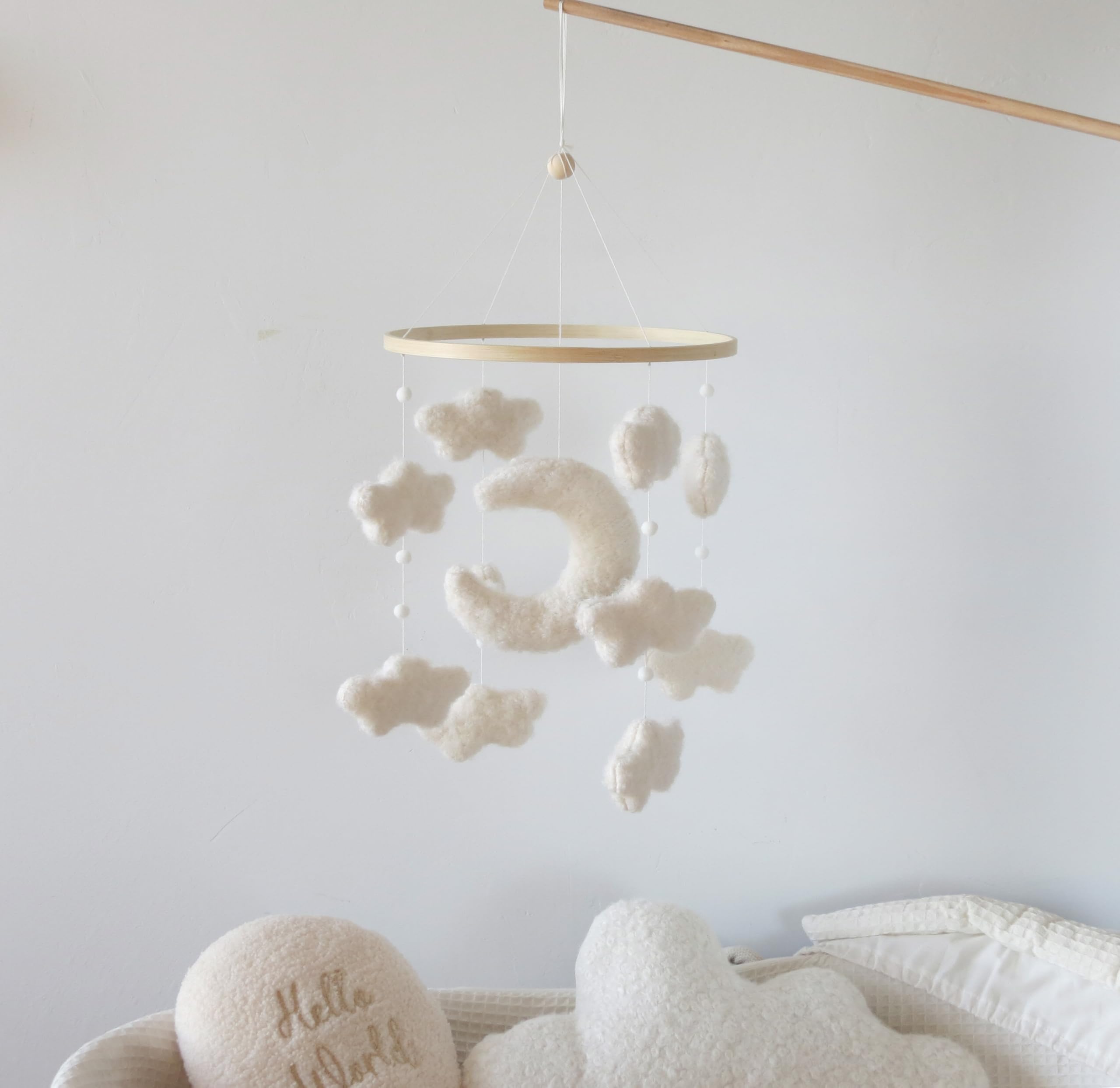 Boucle Cloud Moon Crib Mobile Boho Baby Mobile for Crib Neutral Nursery