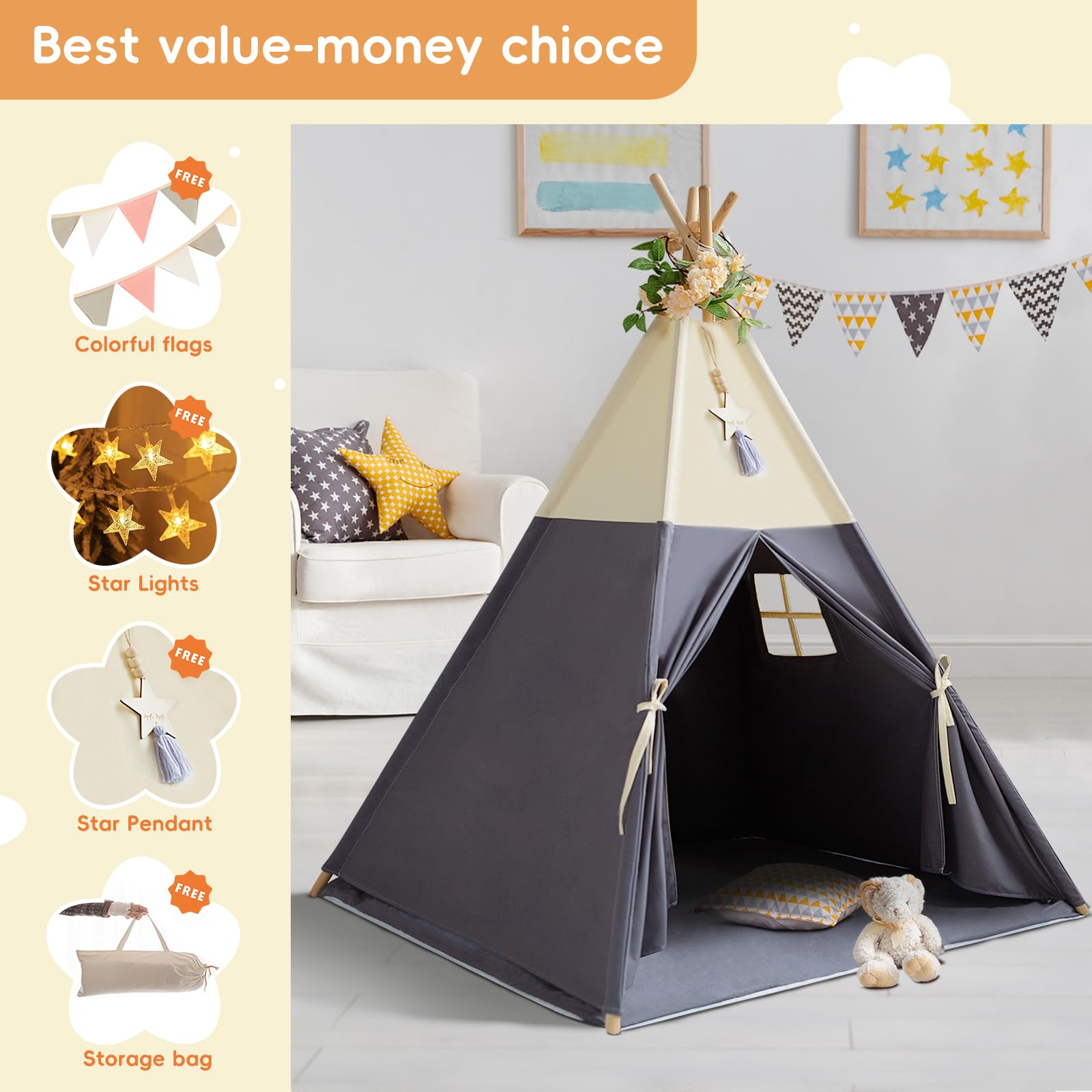 Kids Cotton Canvas Teepee Play Tent with Mat