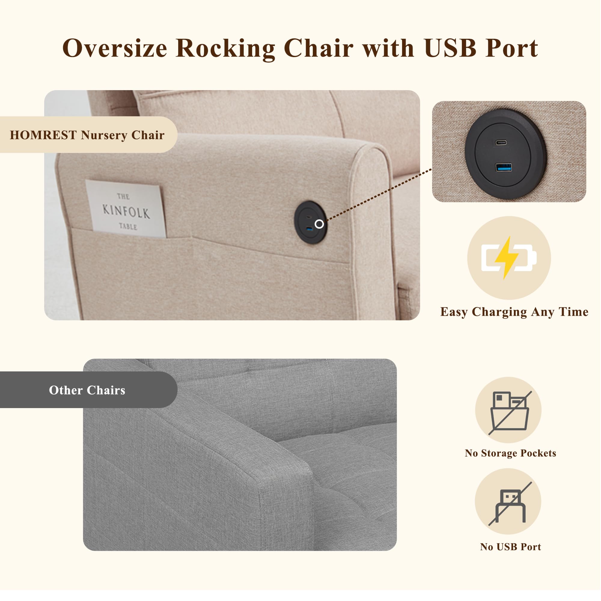 Oversized Nursery Rocking Chair with High Back and Side Pockets