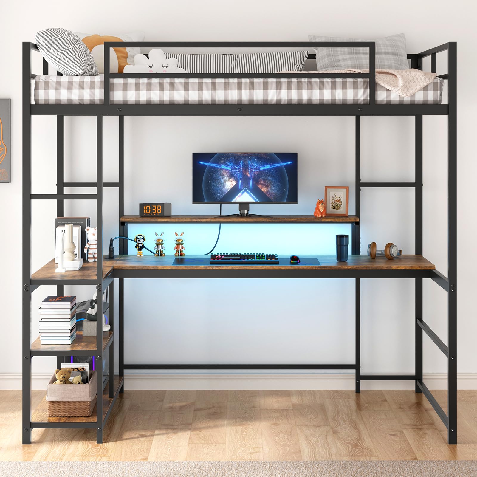 Twin Loft Bed with Large Desk and LED Lights, Space-Saving Bed for Teens