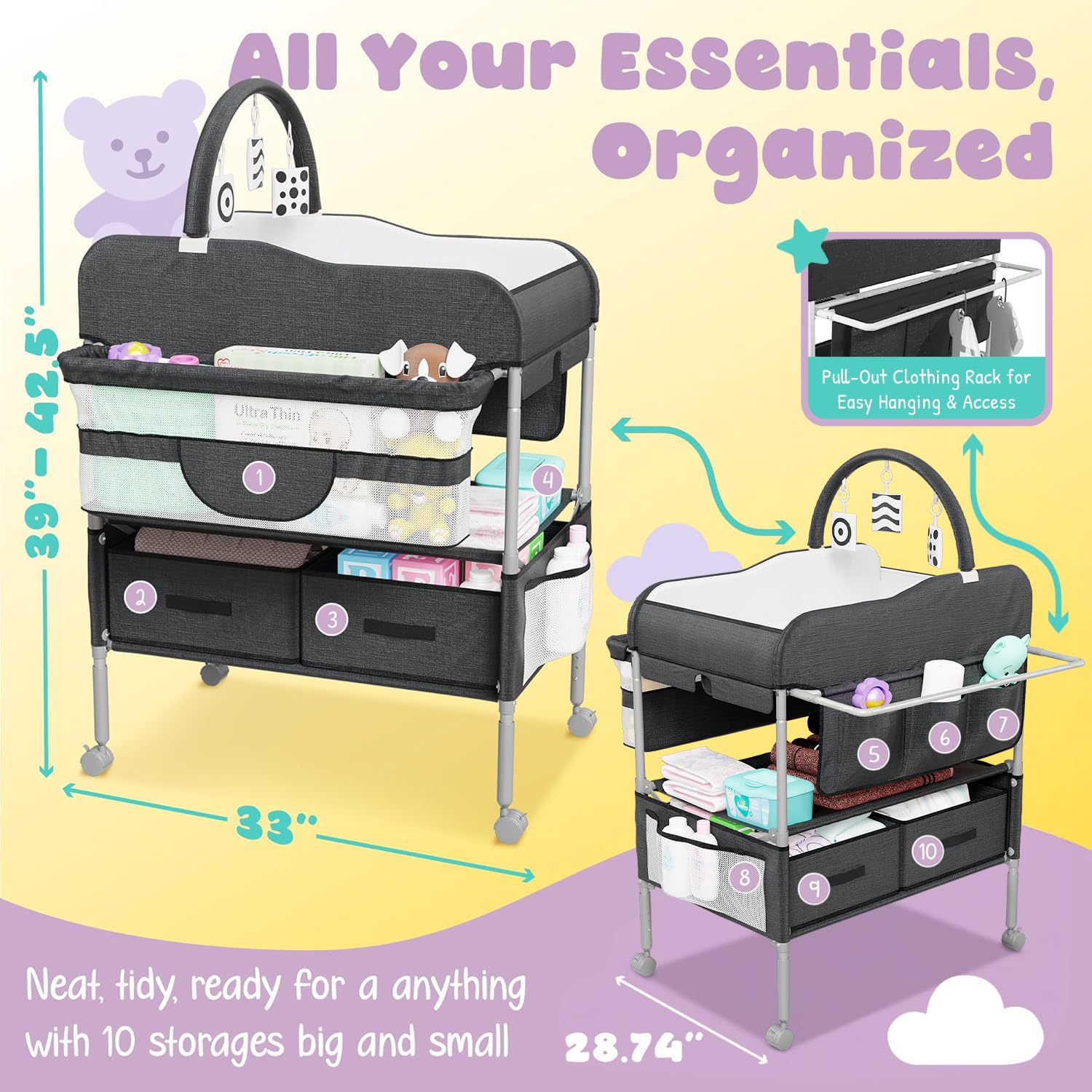 Baby Changing Table with Storage Baskets and Wheels