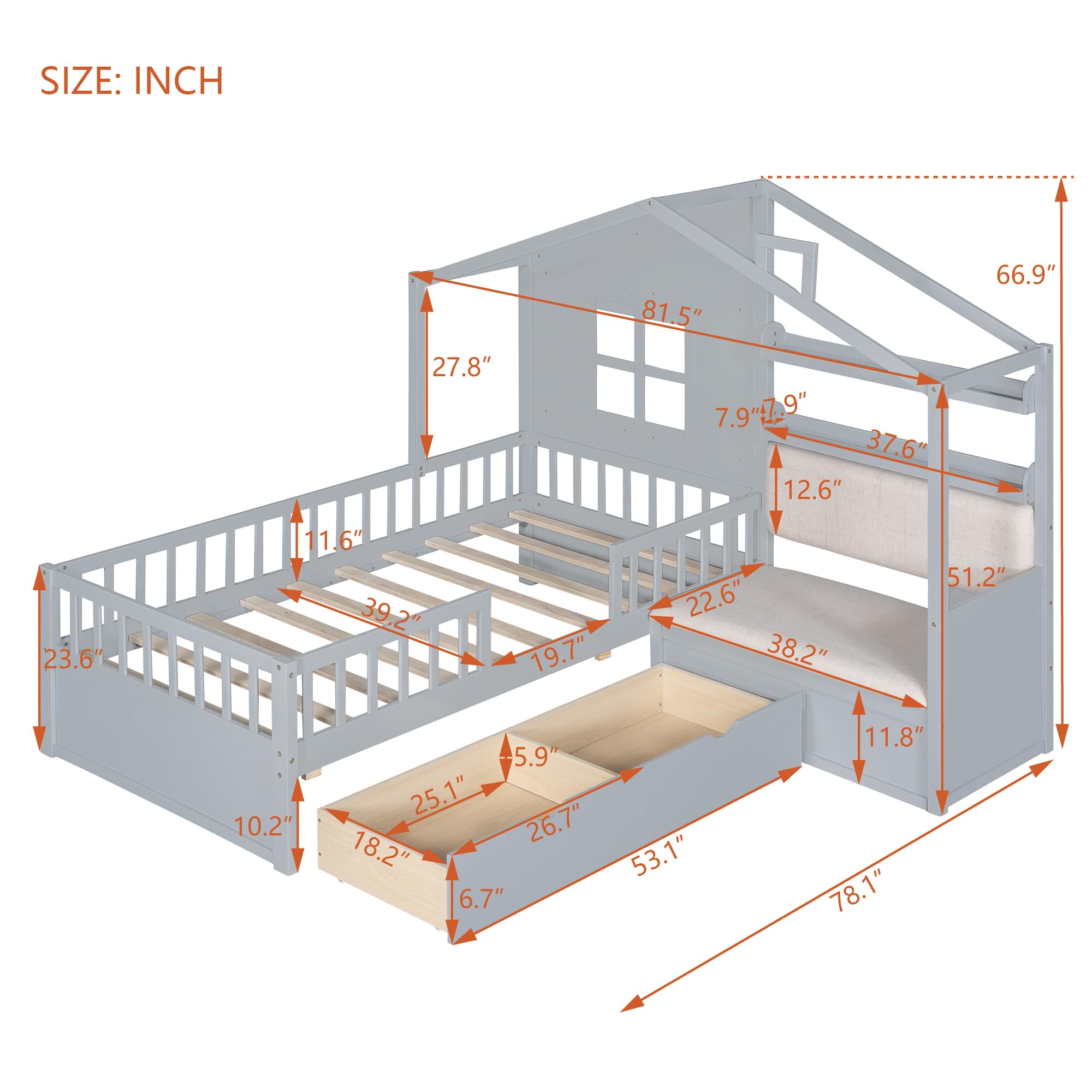 Twin House Bed Frame with Upholstered Sofa and Storage