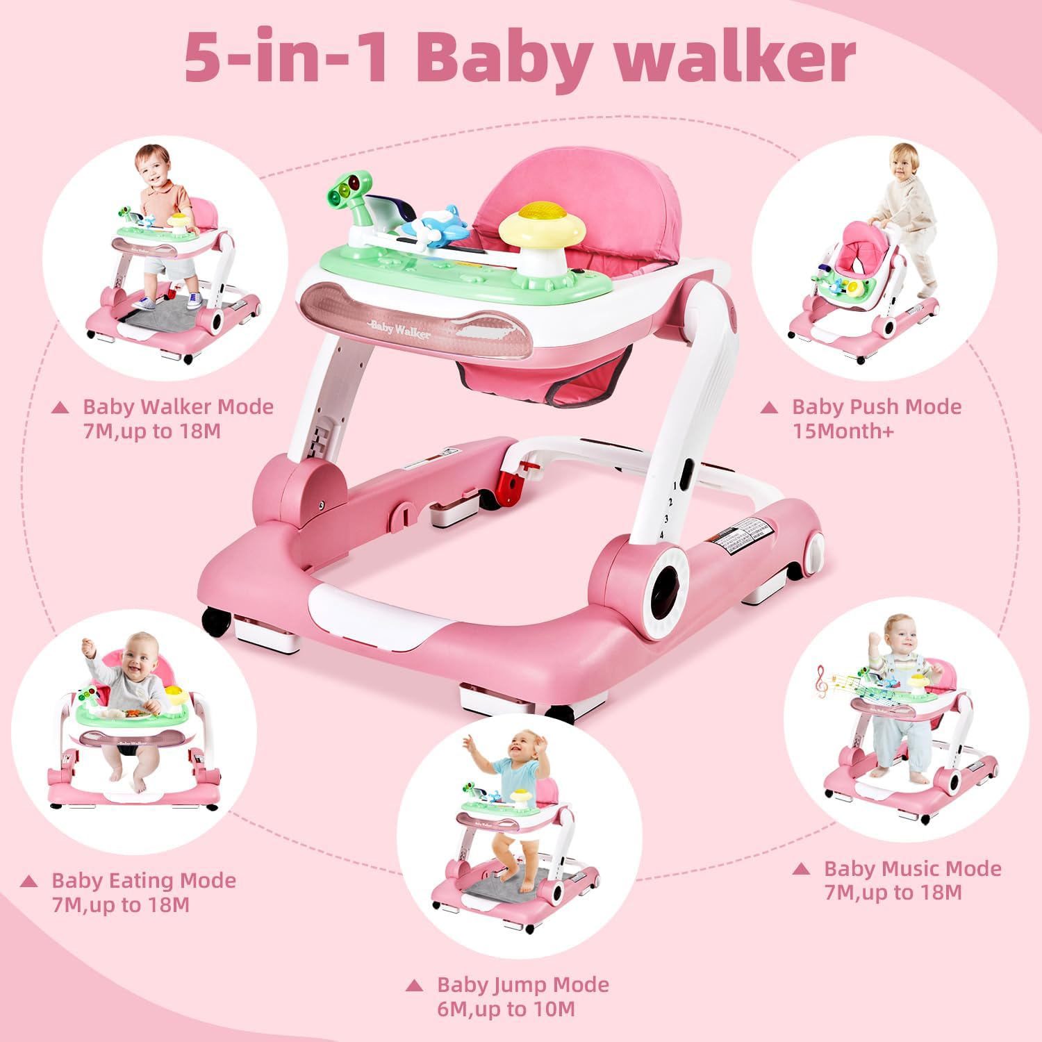 5-in-1 Baby Walker with Adjustable Height and Music