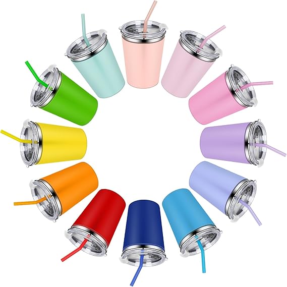 12 Pack Kids Cups Spill Proof, 12oz Stainless Steel Sippy Cup with Straws and Lids