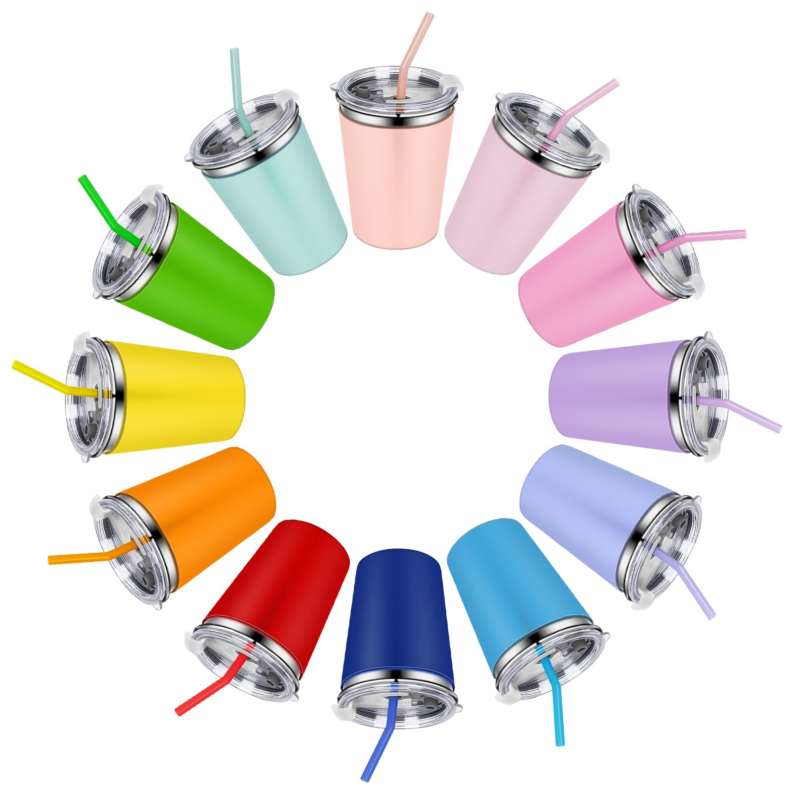12 Pack Kids Cups Spill Proof, 12oz Stainless Steel Sippy Cup with Straws and Lids