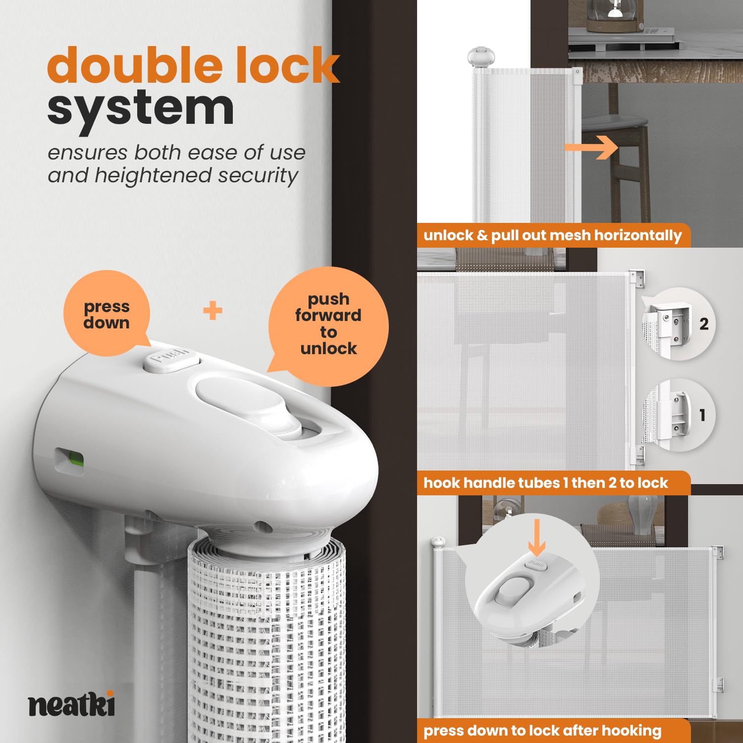 Retractable Baby Gate for Stairs with Double Lock System
