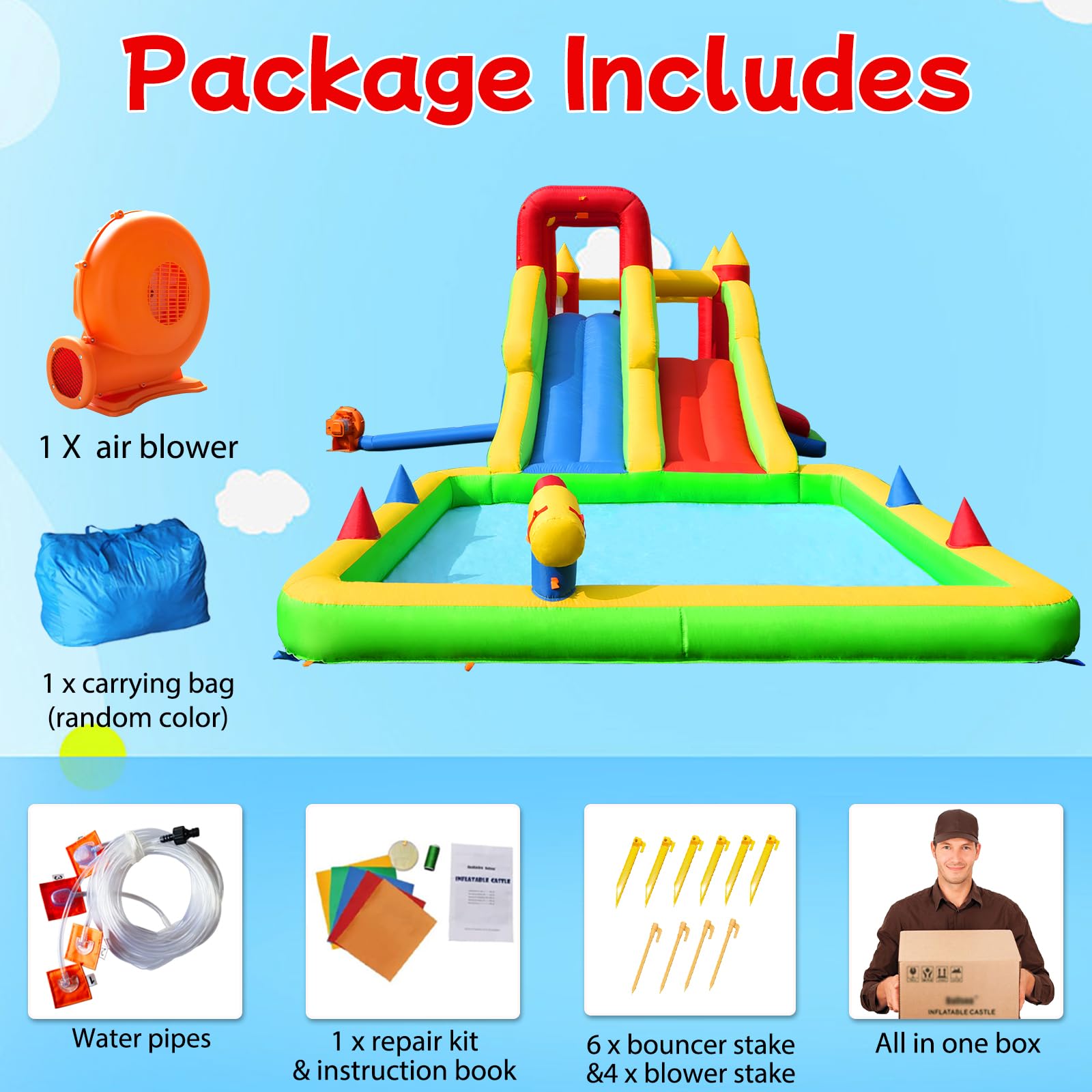 10-in-1 Inflatable Water Park with Dual Slides