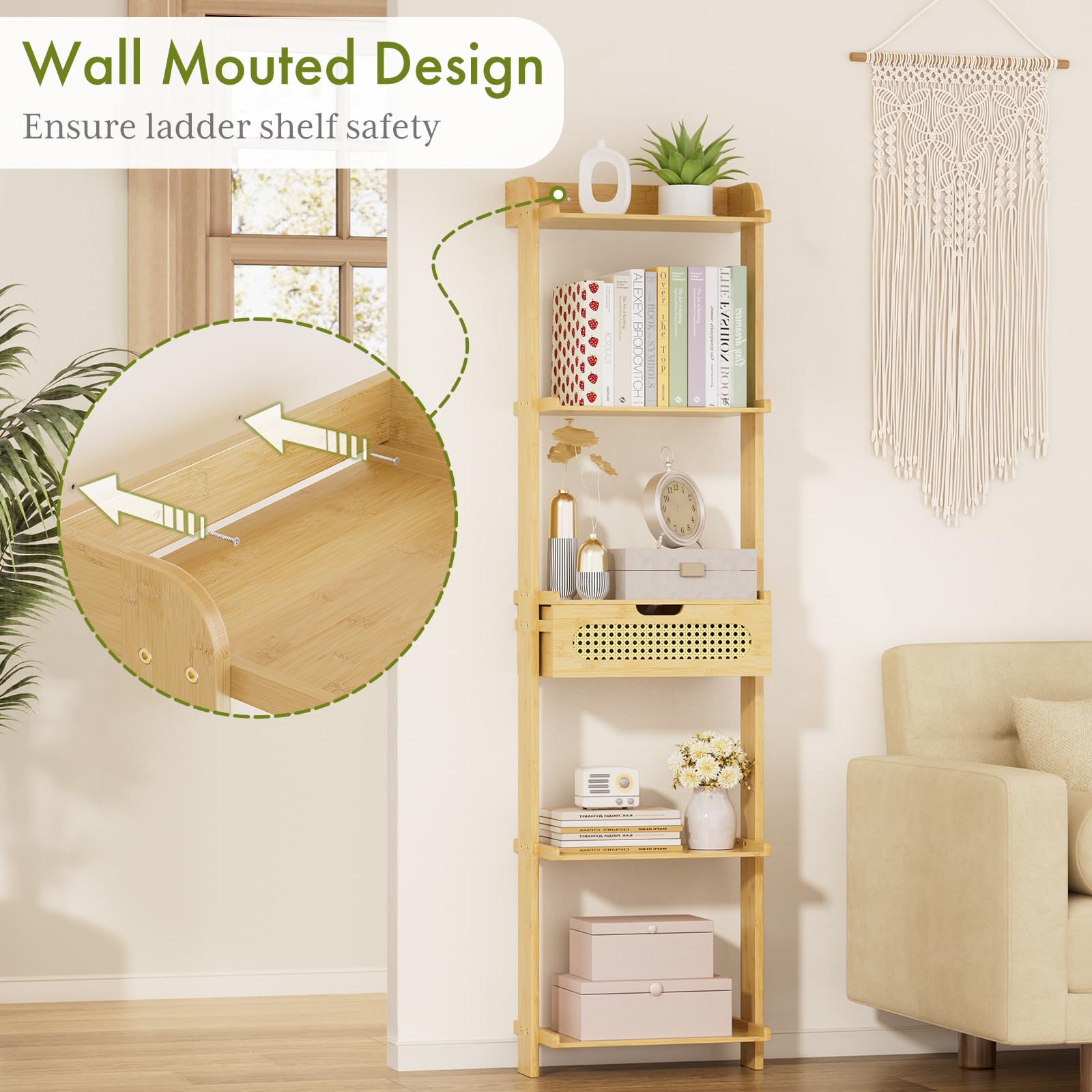 Amazer 5-Tier Ladder Shelf, Bamboo Wall Mounted Bookshelf with Drawer, Wood Ladder Bookcase Freestanding Rack Units for Bedroom, Living Room, Home