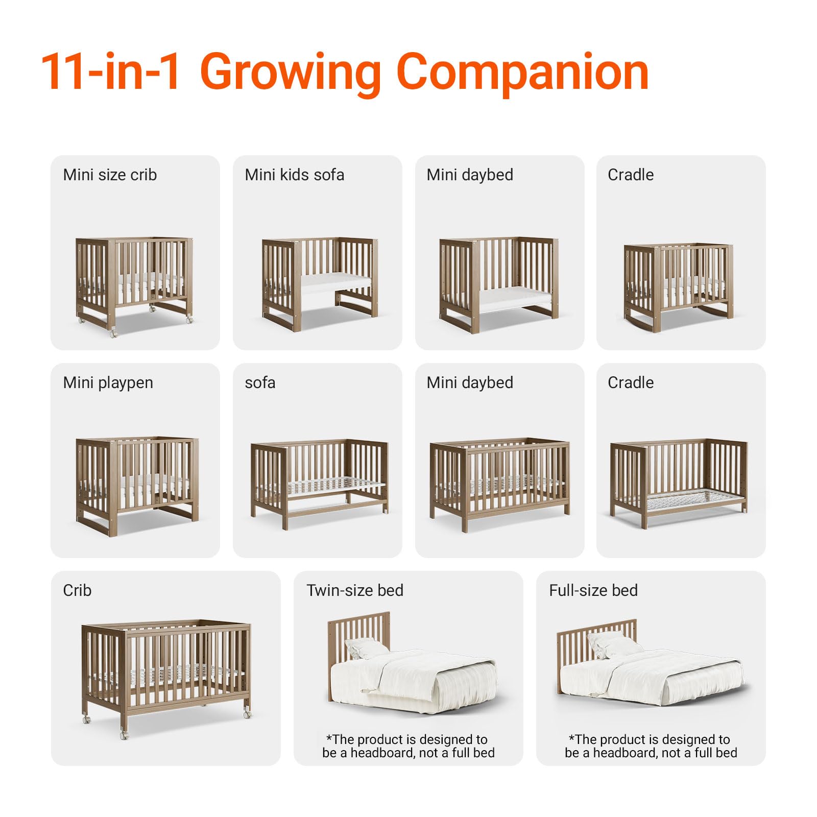 11-in-1 Convertible Baby Crib with Wheels and Adjustable Mattress Height