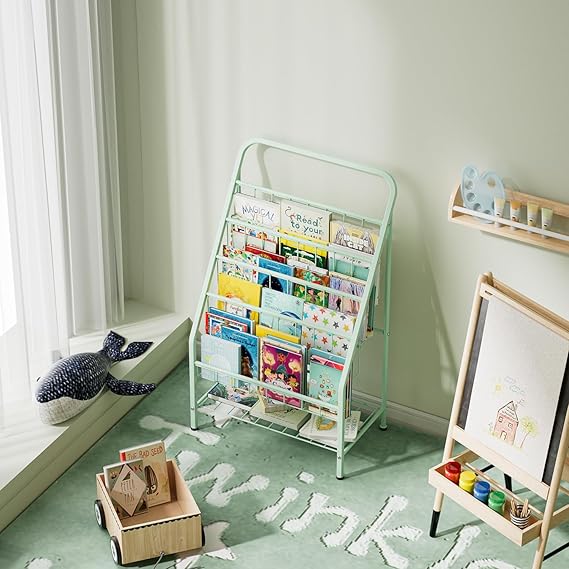 Bookshelf for Toddlers, 4-Tier Metal Kids Bookshelves Rack with Toy