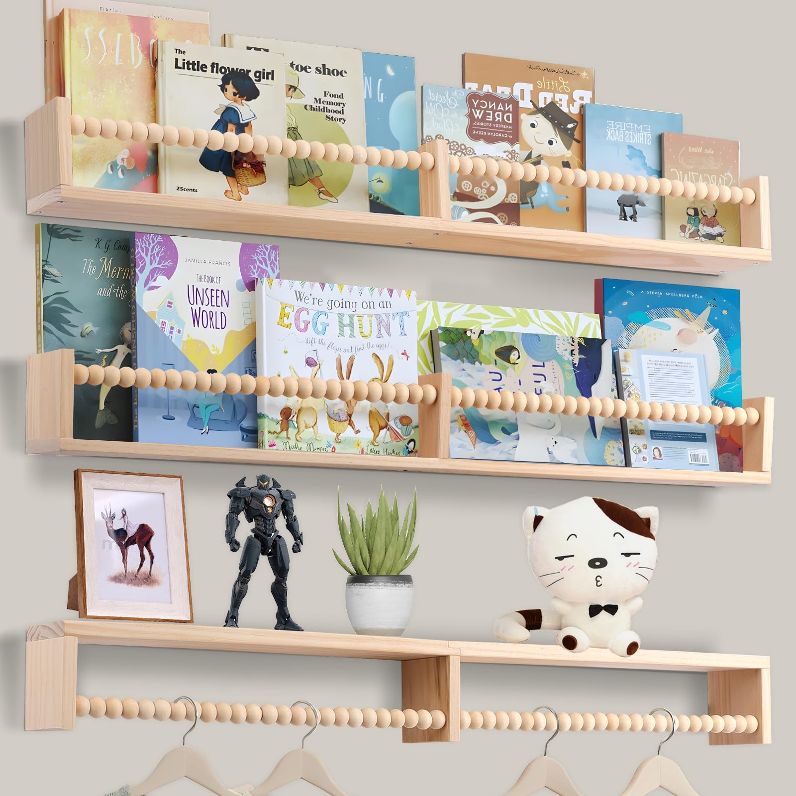 Floating Wall Bookshelves for Kids Room - Set of 3 with Beads