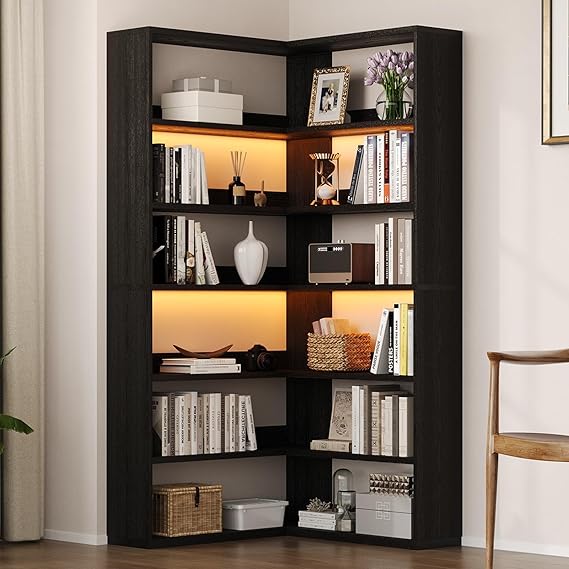 6-Tier Corner Bookshelf with LED Lights
