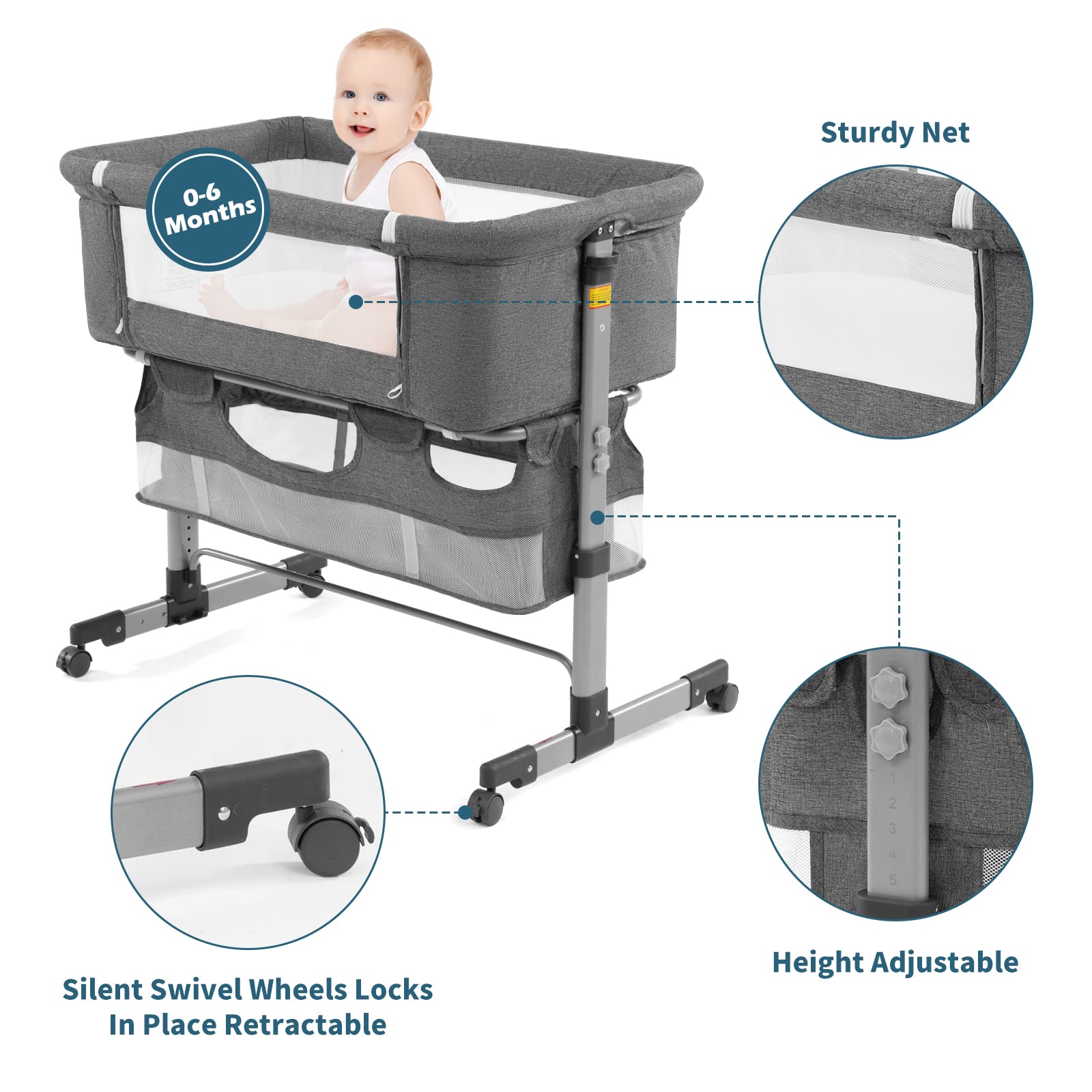 Bedside Sleeper Baby Bassinet 3-in-1 Adjustable Portable Crib