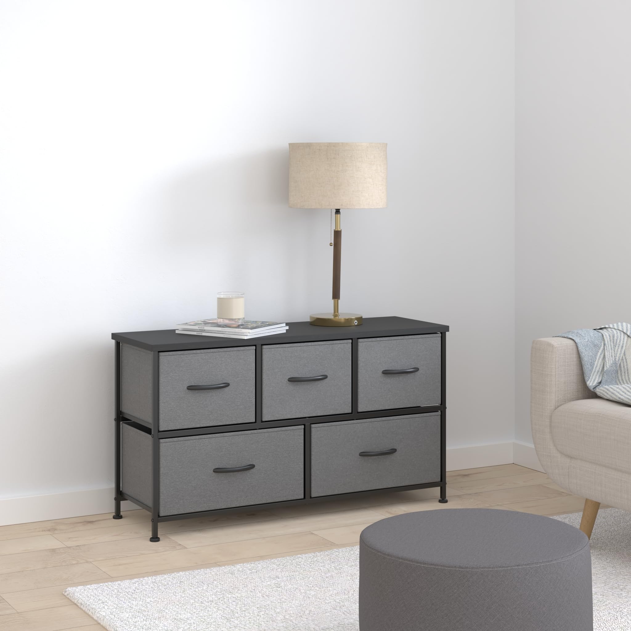 5 Drawer Dresser with Wooden Top and Metal Frame