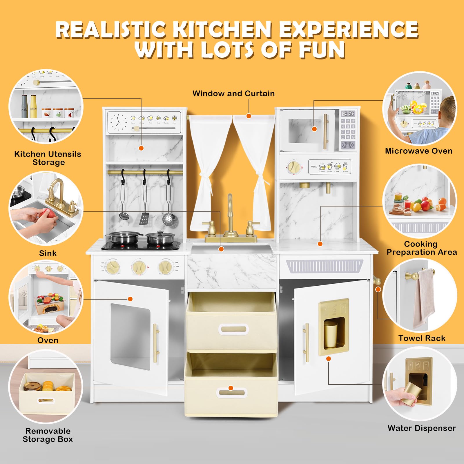 JOYLDIAS Play Kitchen, Wooden Kids Play Kitchen Playset Chef Pretend Play Set for Toddlers w/Ice Cube Dispenser, Oven, Cooking Accessories,Trendy Home Style w/Curtains, Storange Box, Gift for Ages 3+