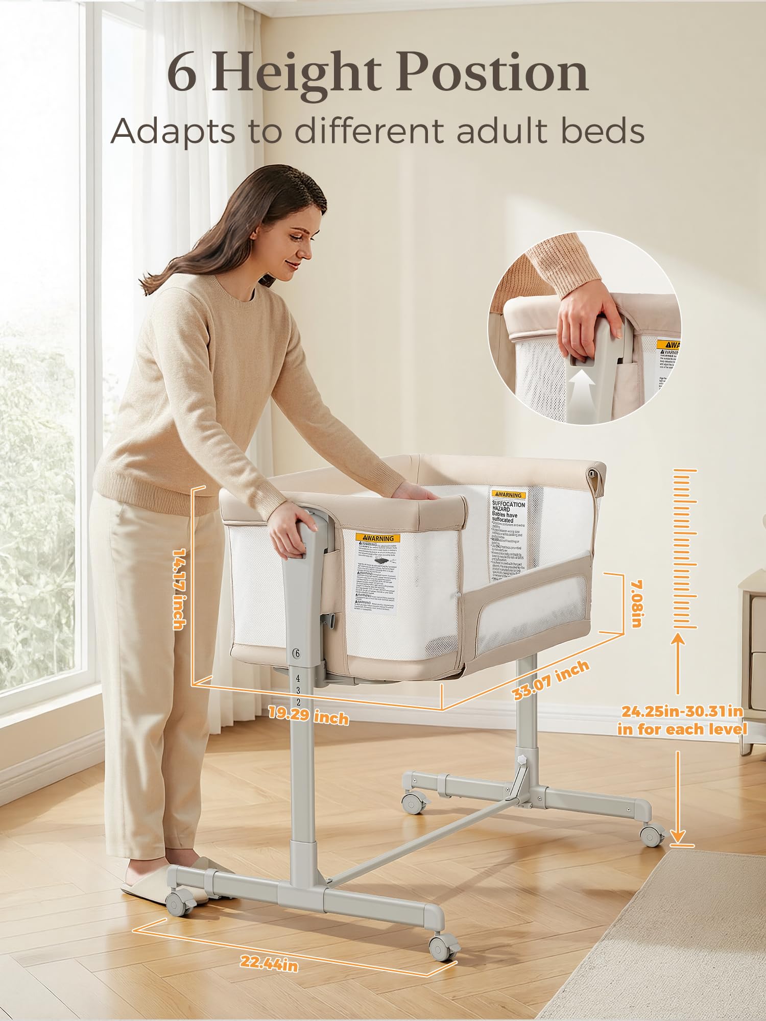 3-in-1 Bedside Bassinet with Adjustable Height