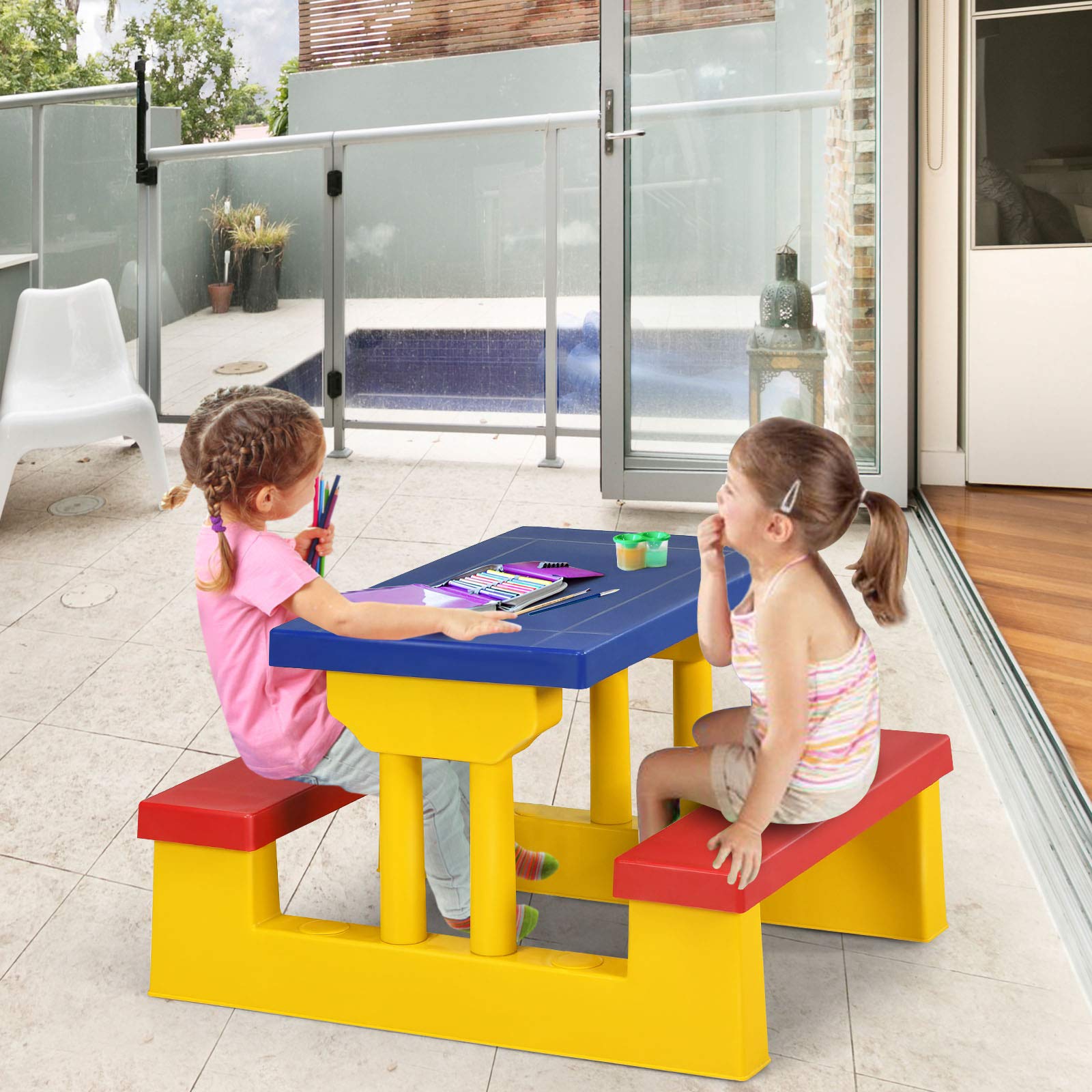 Kids Picnic Table, Toddler Plastic Outdoor Table & Bench Set with Umbrella