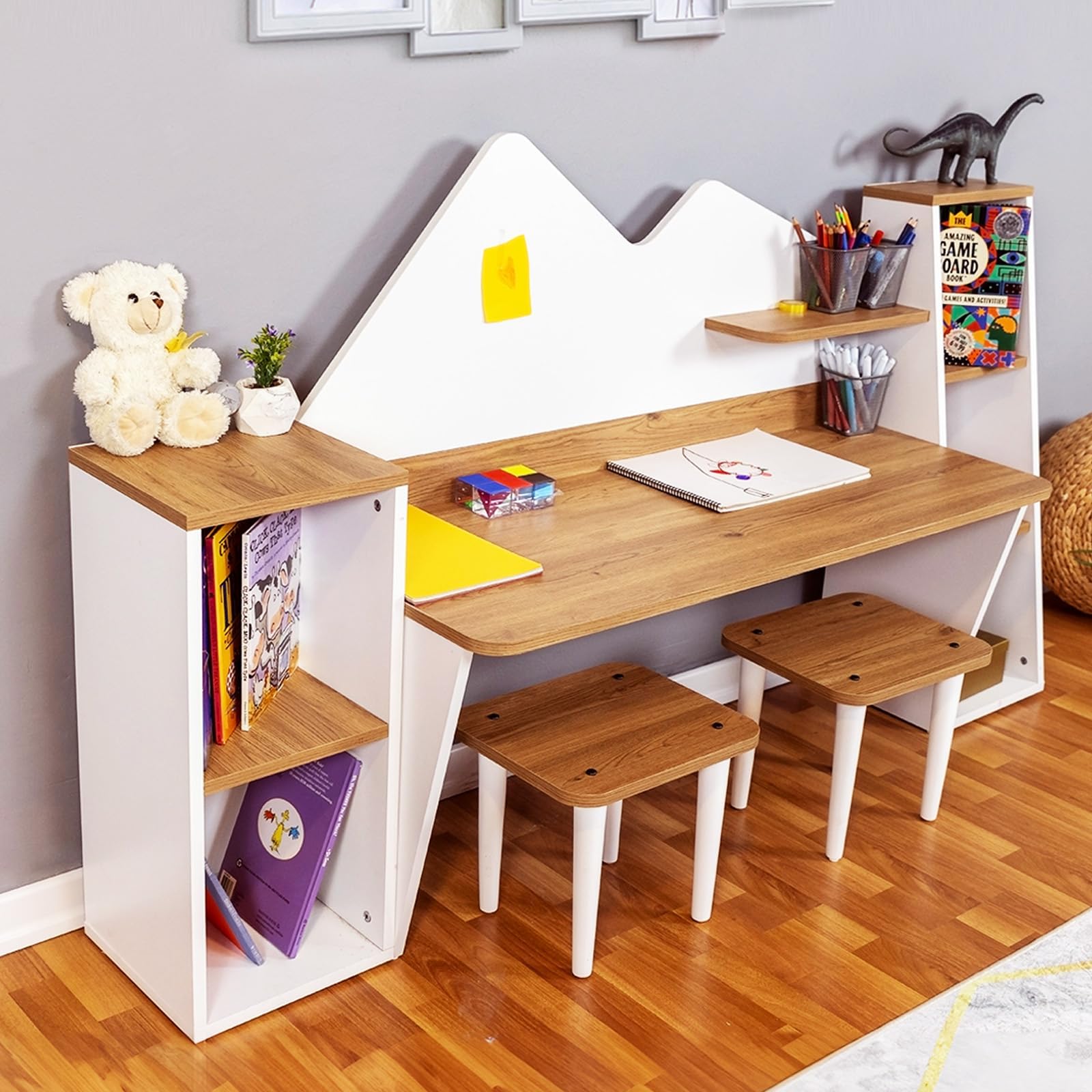 Kid's Study Desk with Bookshelf + 2 Stools for Ages 3-8