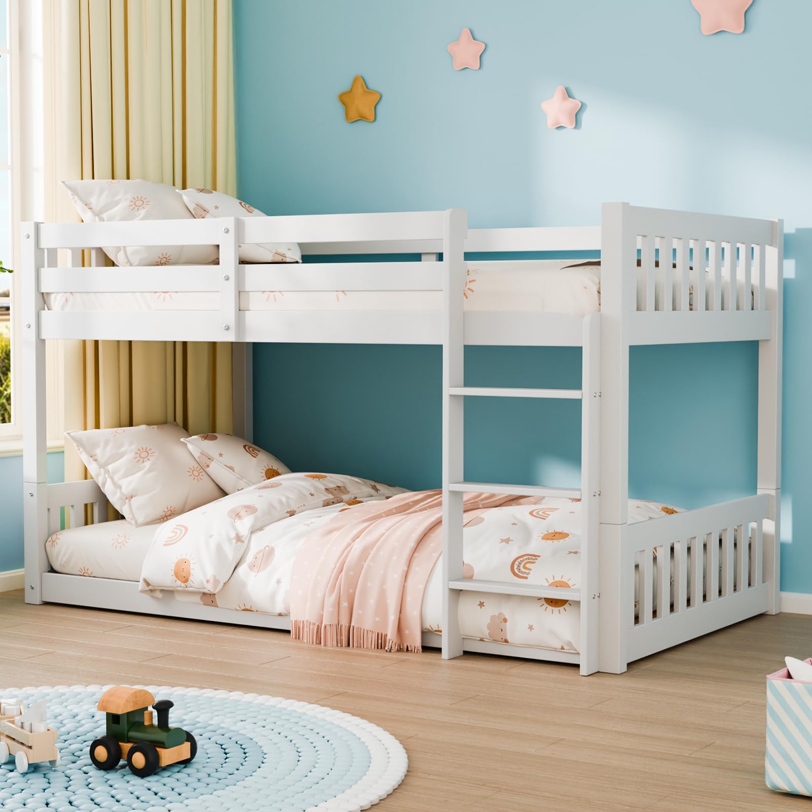 Twin Over Twin Bunk Bed with Guardrails and Ladder