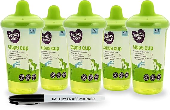 5-Pack Colorful Sippy Cups with Dry Erase Marker & Bonus Sticker – Spill-Proof