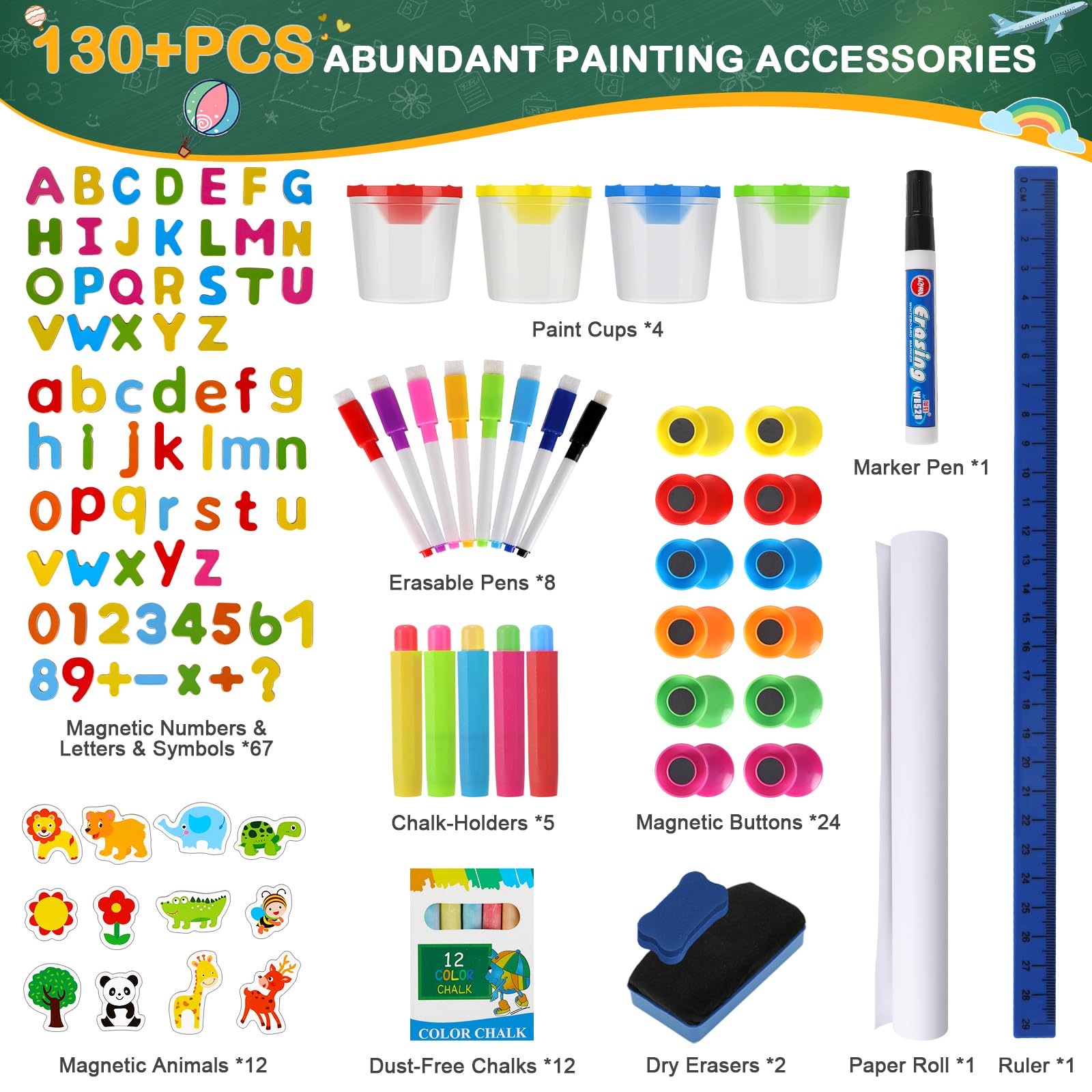 Easel for Kids,3 in 1 Adjustable Kids Art Drawing Easel Set,130+ Art Supplies,Wooden Double Sided Magnetic Chalkboard and White Board with Paper Roll,Painting for Aged 2-4,5-7,8-12