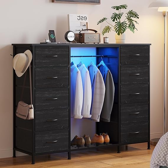 2-in-1 Dresser with Hanging Rack, 10 Drawers Dresser for Bedroom