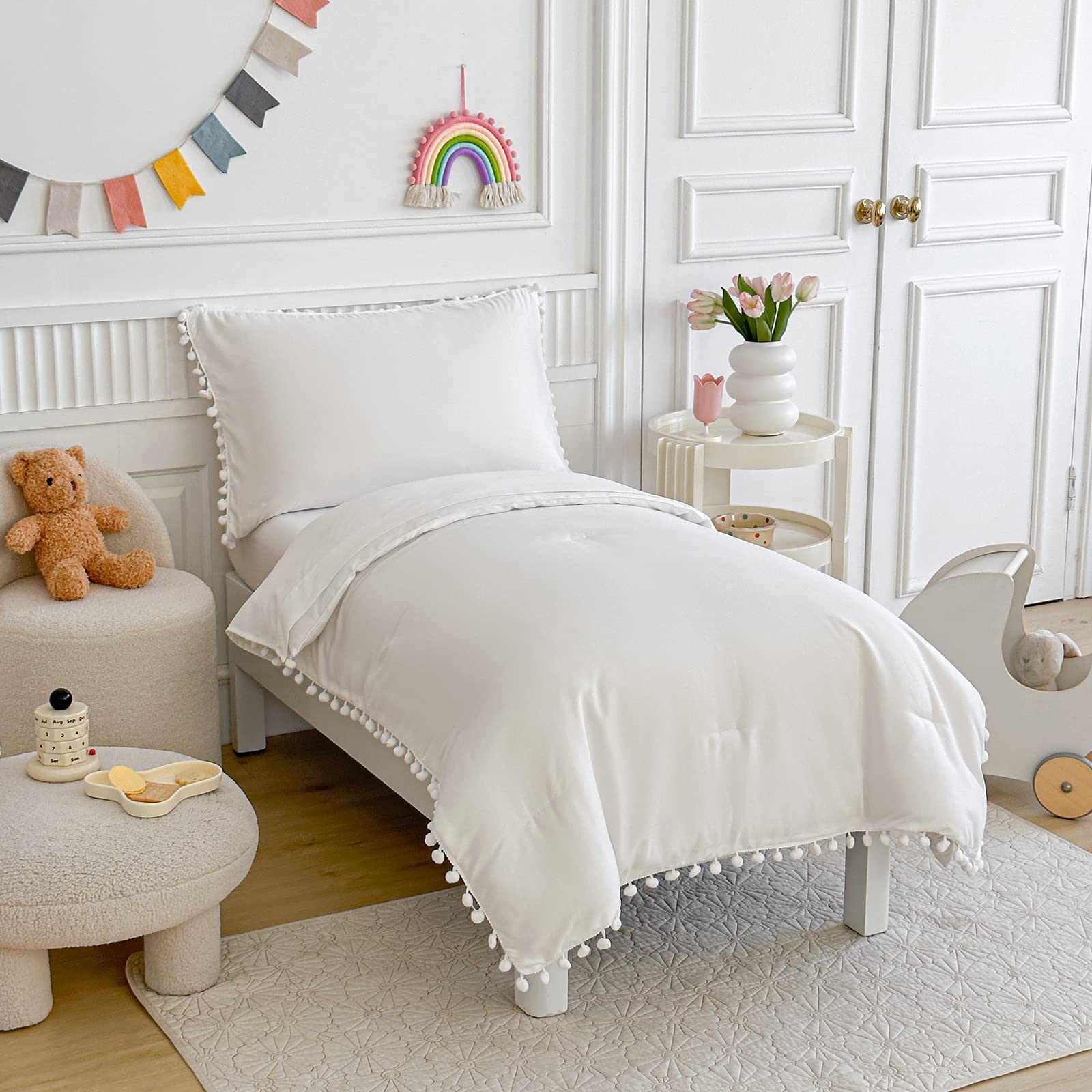 Toddler Bedding Set 4 Piece Boho Pom Pom Fringe White