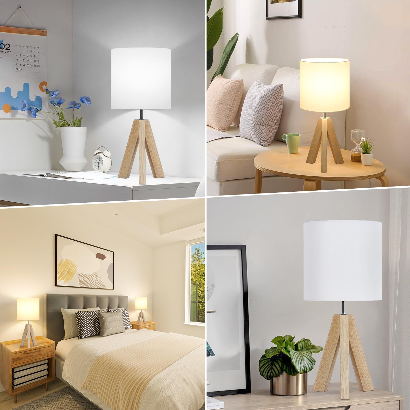 Small Beside Table Lamp, Wood Tripod Table Lamp with White Fabric Shade